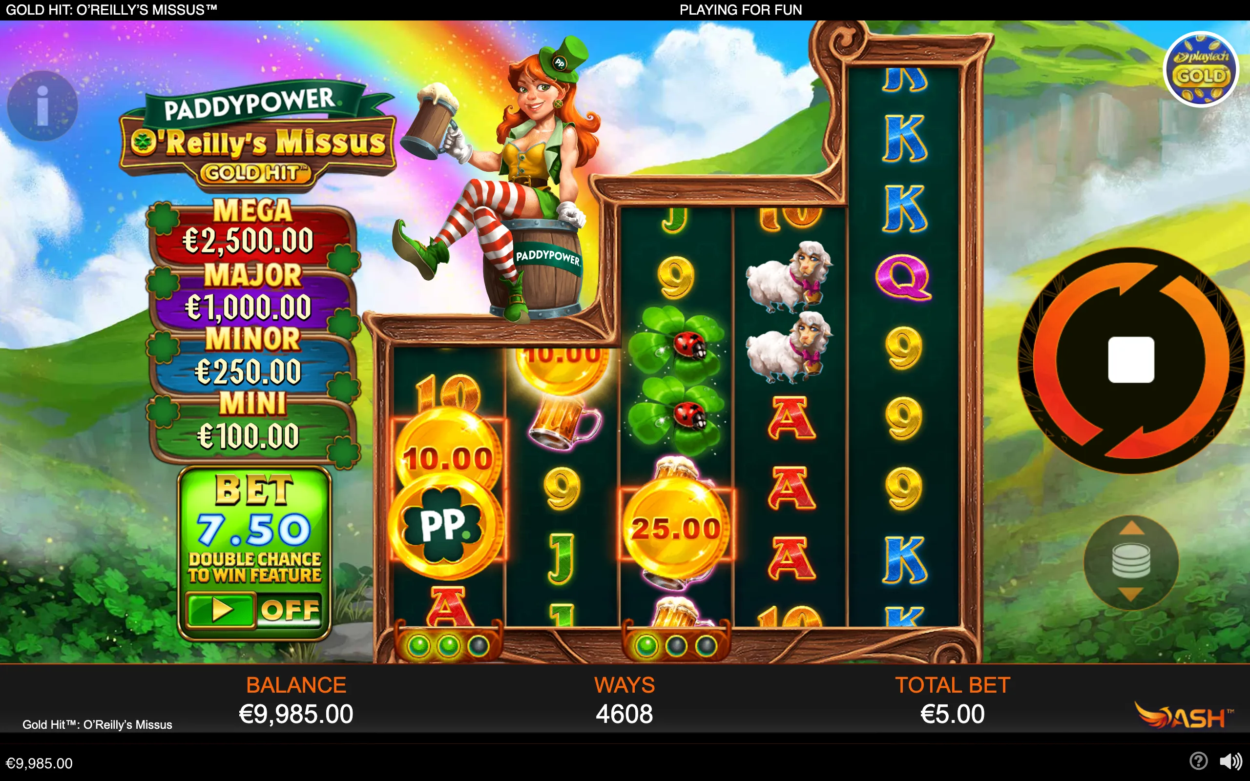 Gold Hit: O'Reilly's Missus slot interface with a red-haired Irish hostess, shamrocks, sheep, beer mugs, cash-value coins, and jackpot tiers against a rainbow countryside backdrop.