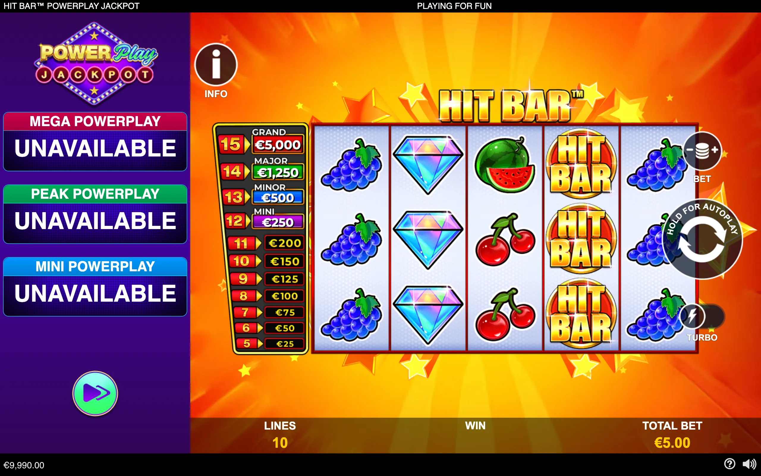Hit Bar PowerPlay Jackpot slot interface with fruit, diamond and stacked HIT BAR symbols on five reels, a jackpot prize ladder, and a bright starburst backdrop.