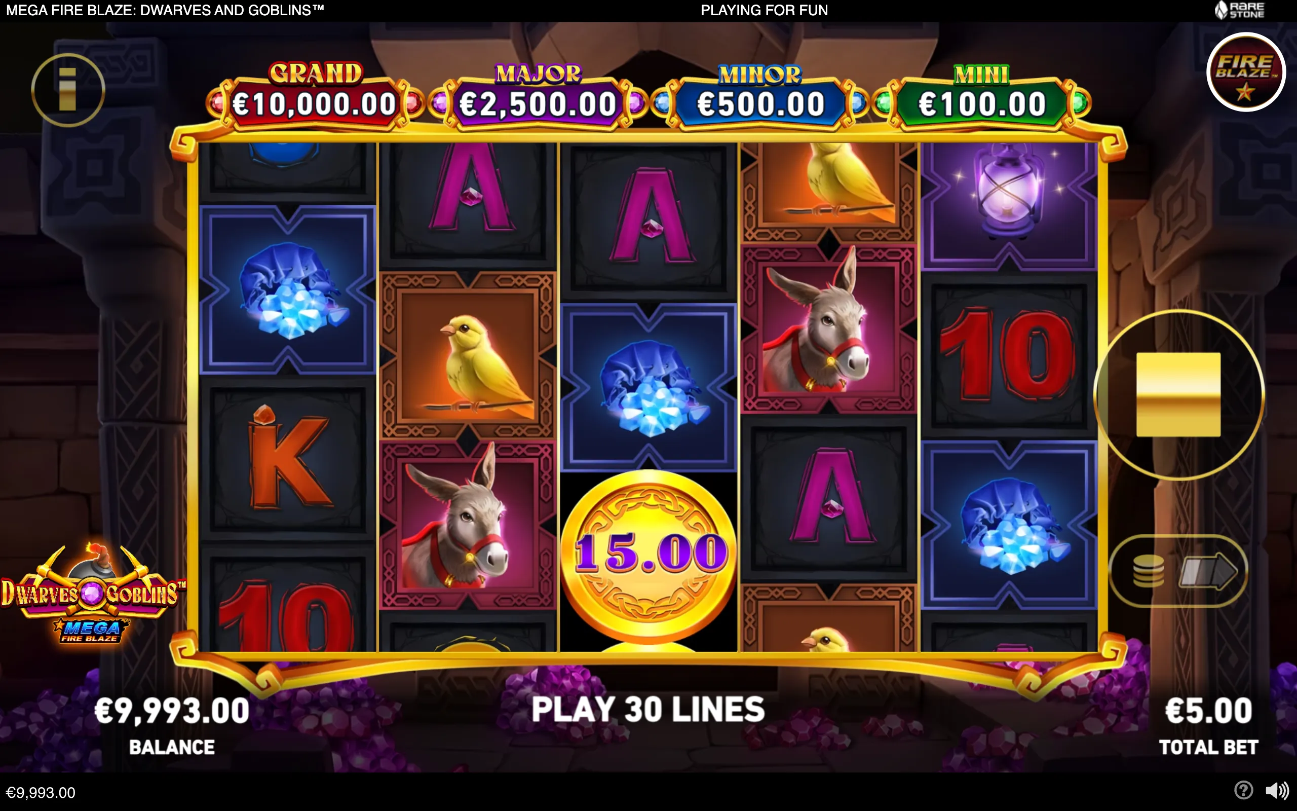 Fantasy mine-themed slot interface with glowing gemstones, colorful reels, animal symbols, card letters, jackpot meters, and a €15.00 coin symbol.