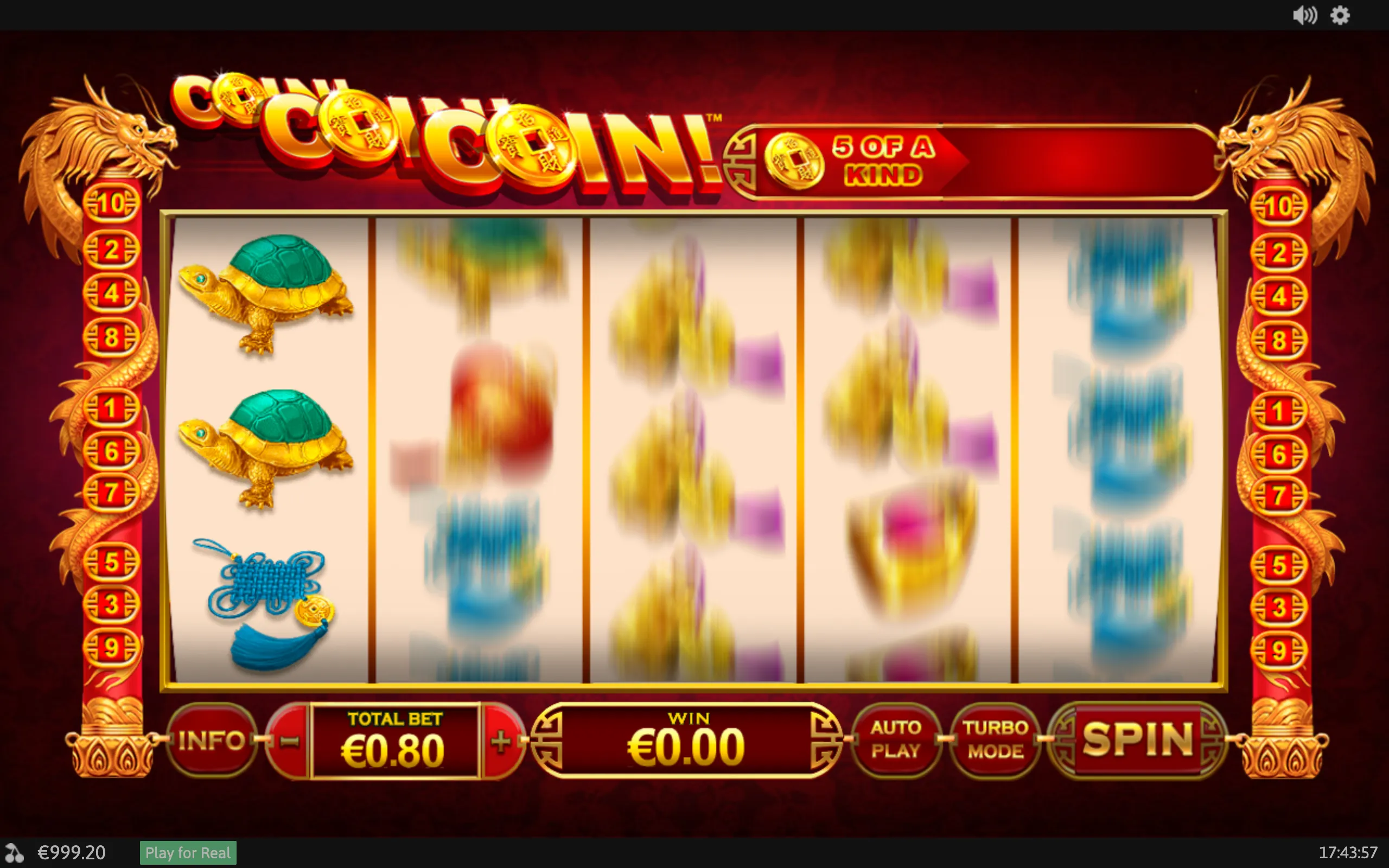 Coin Coin Coin slot interface with golden Chinese dragons, coins, spinning reels, turtle symbols, and a blue Chinese knot against a deep red and gold backdrop.
