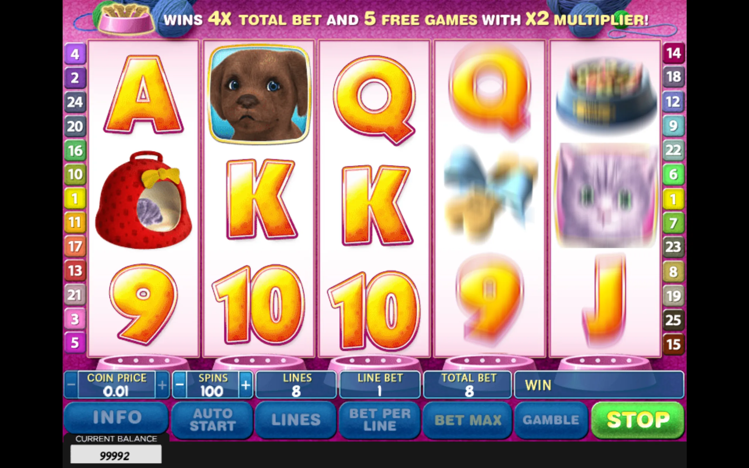 Cute & Fluffy slot reels featuring a puppy, colorful pet accessories, large golden letter symbols, and a banner advertising 5 free games with a 2x multiplier.