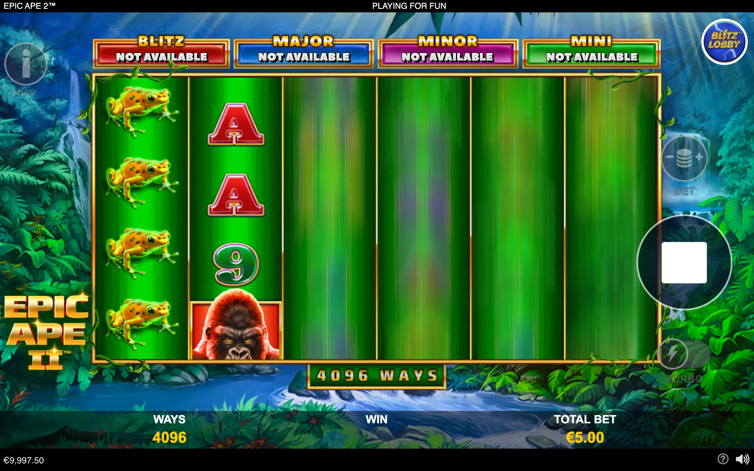 Epic Ape II slot interface with orange frogs, card symbols, and a gorilla on green reels, set against a lush jungle waterfall backdrop with jackpot banners above.