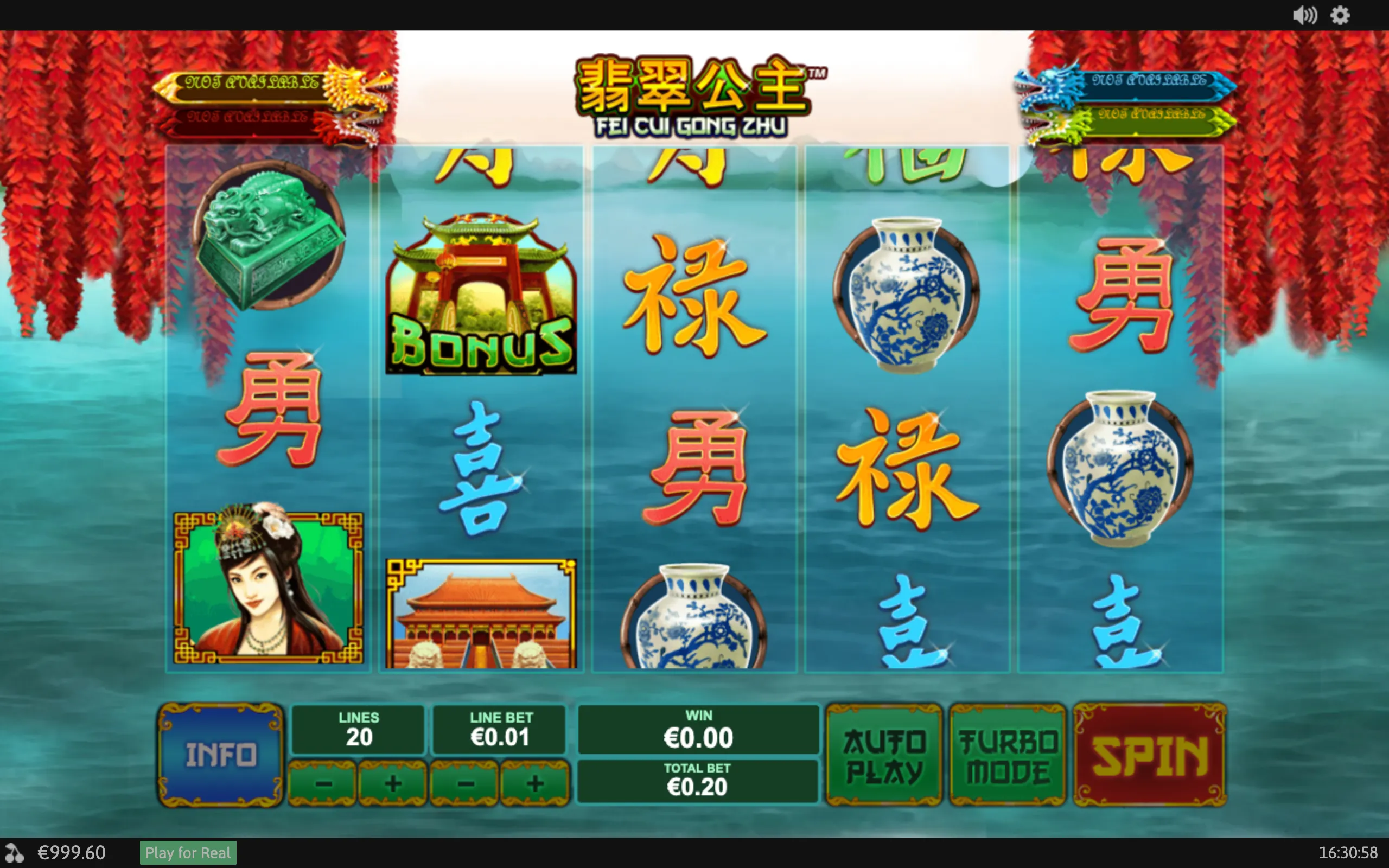 Fei Cui Gong Zhu slot interface with Chinese-inspired symbols, a jade guardian ornament, porcelain vases, imperial architecture, a female character, dragons, and red hanging foliage over a turquoise waterscape.