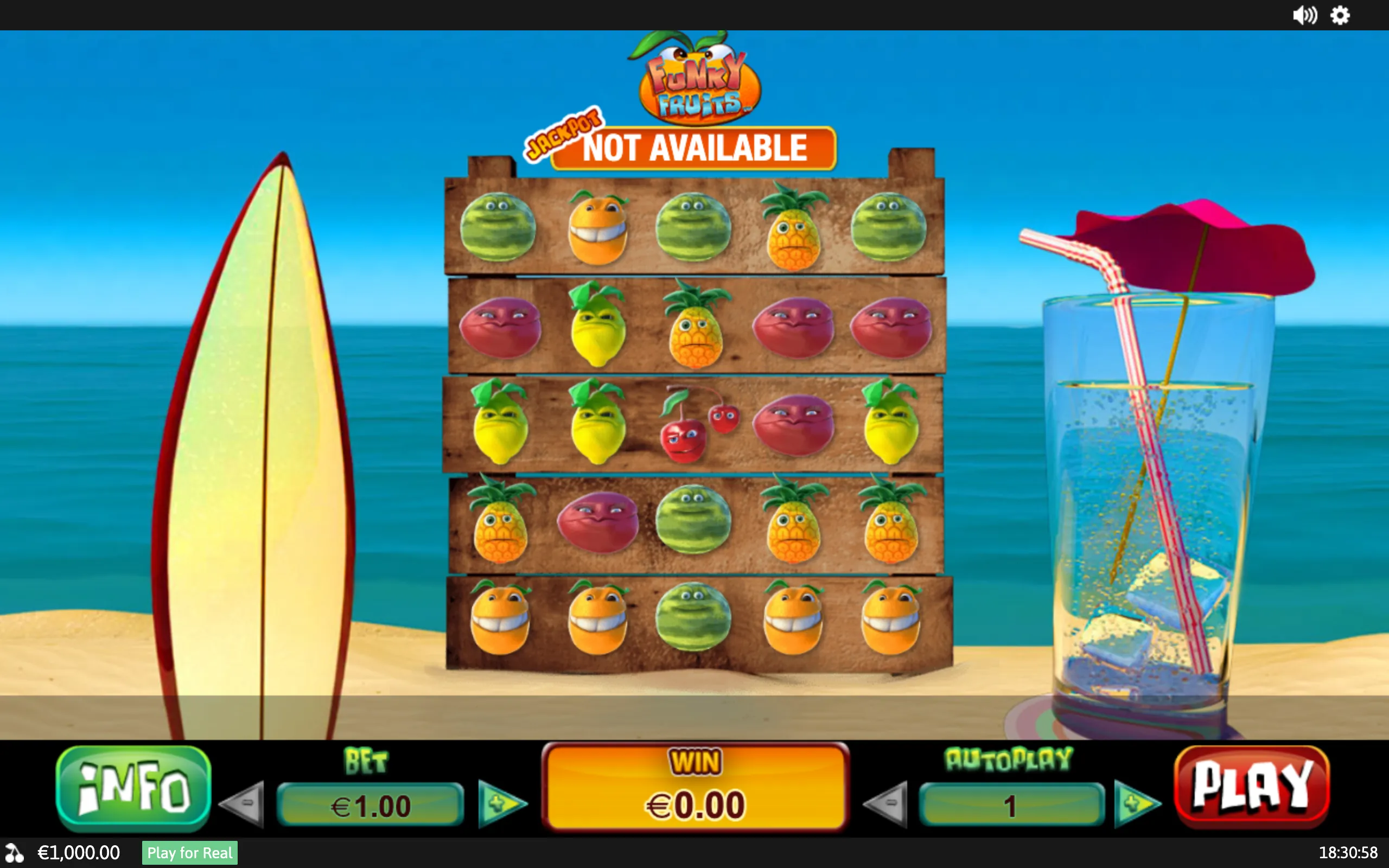 Funky Fruits slot interface with cartoon watermelon, orange, pineapple, lemon, plum and cherry symbols on wooden reels beside a surfboard and beach drink.