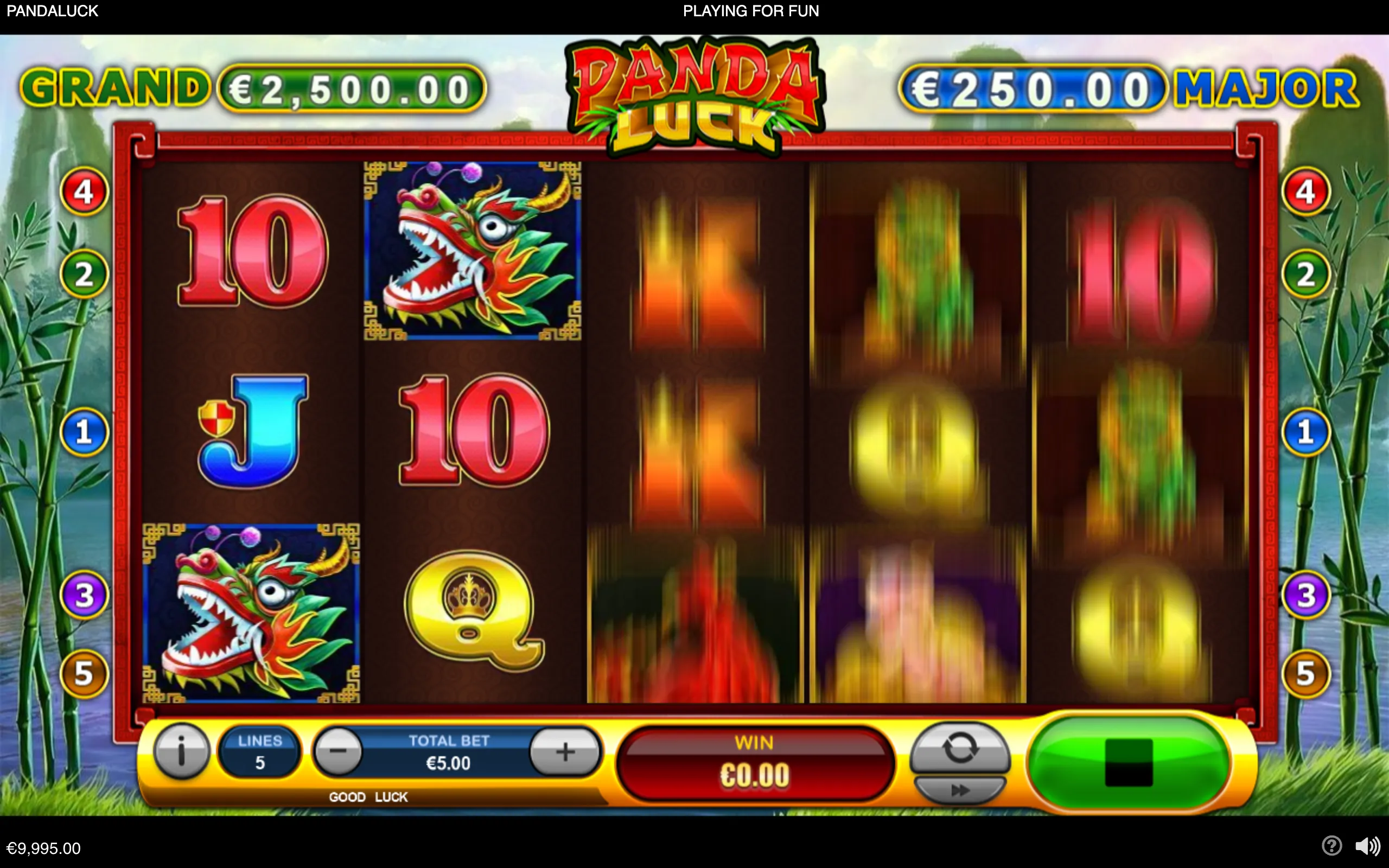 Panda Luck slot interface with bamboo surroundings, Chinese-style red and gold detailing, dragon symbols, spinning reels, card symbols, and Grand and Major jackpot amounts.