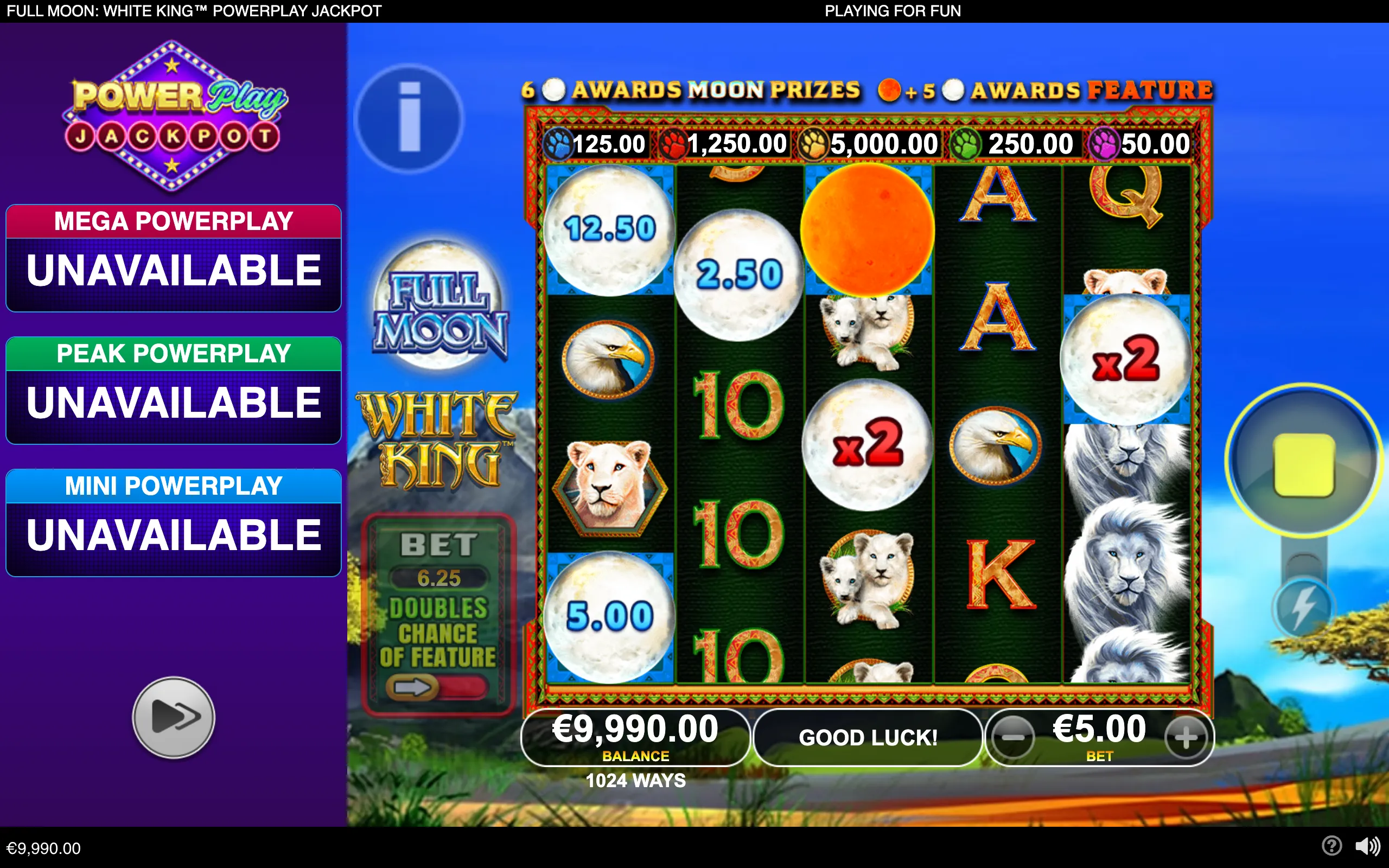 Full Moon: White King PowerPlay Jackpot slot interface with moon prize symbols, white lions, lion cubs, an eagle, card symbols, jackpot tiers, and a blue wilderness backdrop.
