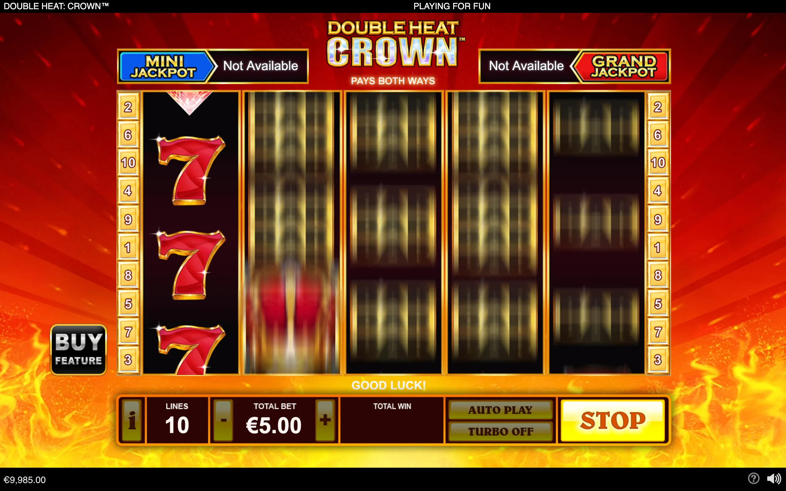 Double Heat: Crown slot interface with fiery red-and-gold styling, spinning reels, red 7 symbols, crown branding, jackpot panels, and a Buy Feature button.