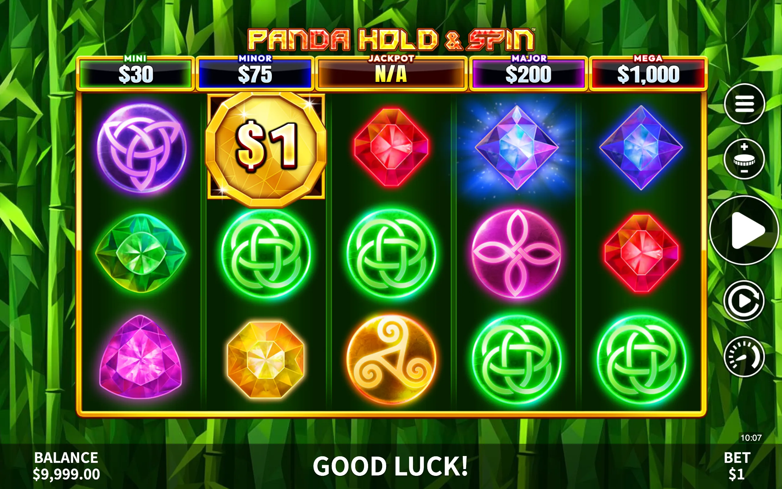 Slot game interface featuring colorful gem symbols and jackpot tiers with a bamboo forest backdrop