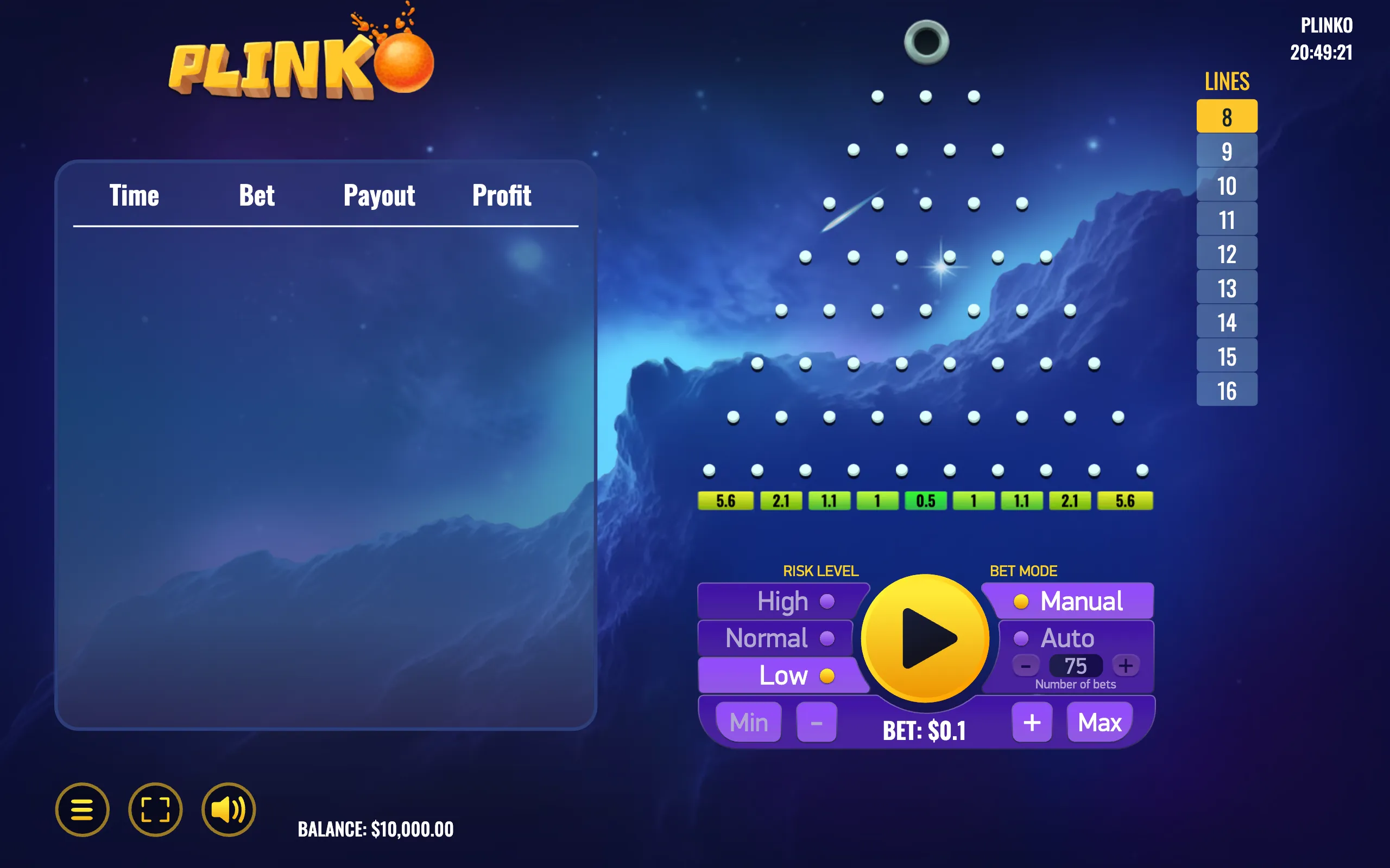Plinko slot interface with a glowing pegboard, falling ball, mountain landscape, payout multipliers, risk-level options, and manual or automatic betting controls.
