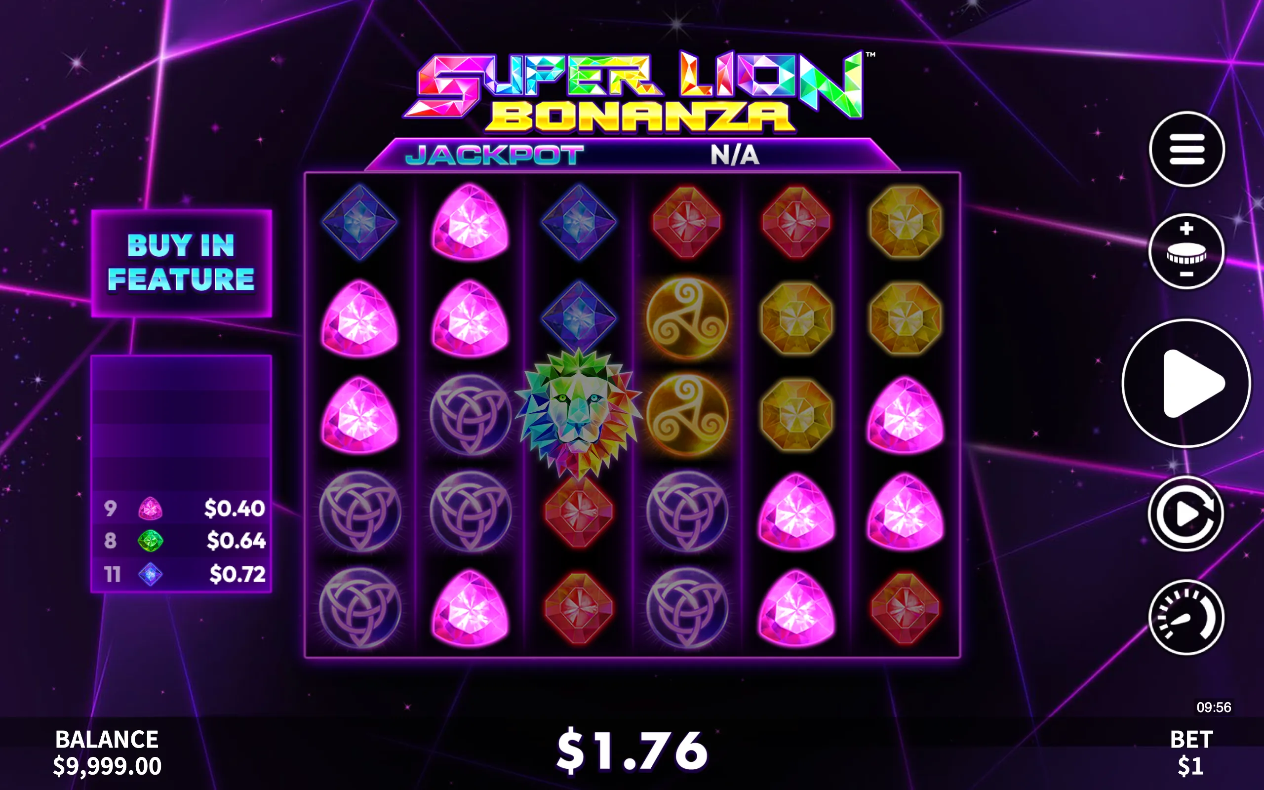 Super Lion Bonanza slot game interface with neon-lit gems and a geometric lion symbol on a cosmic purple background