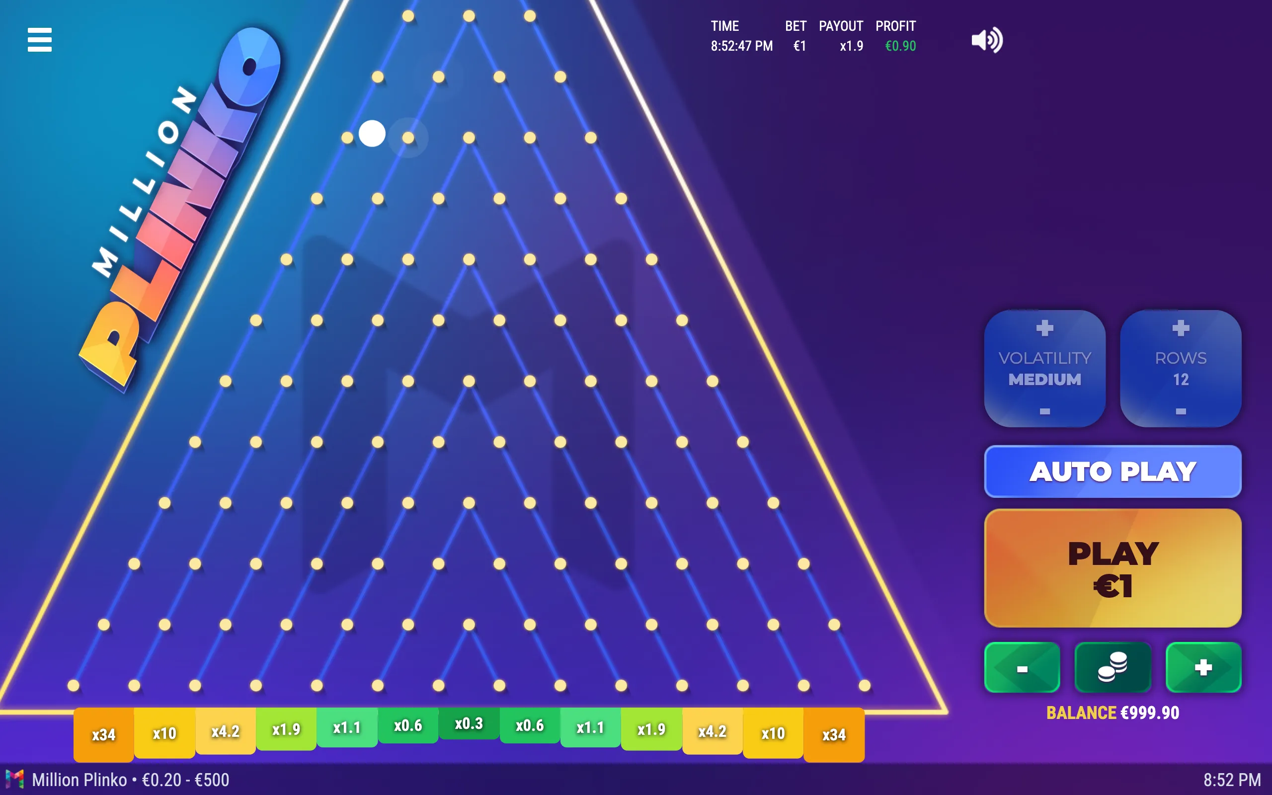 Million Plinko game interface with a glowing white ball descending through a blue triangular peg board, colorful multiplier slots, and play controls.