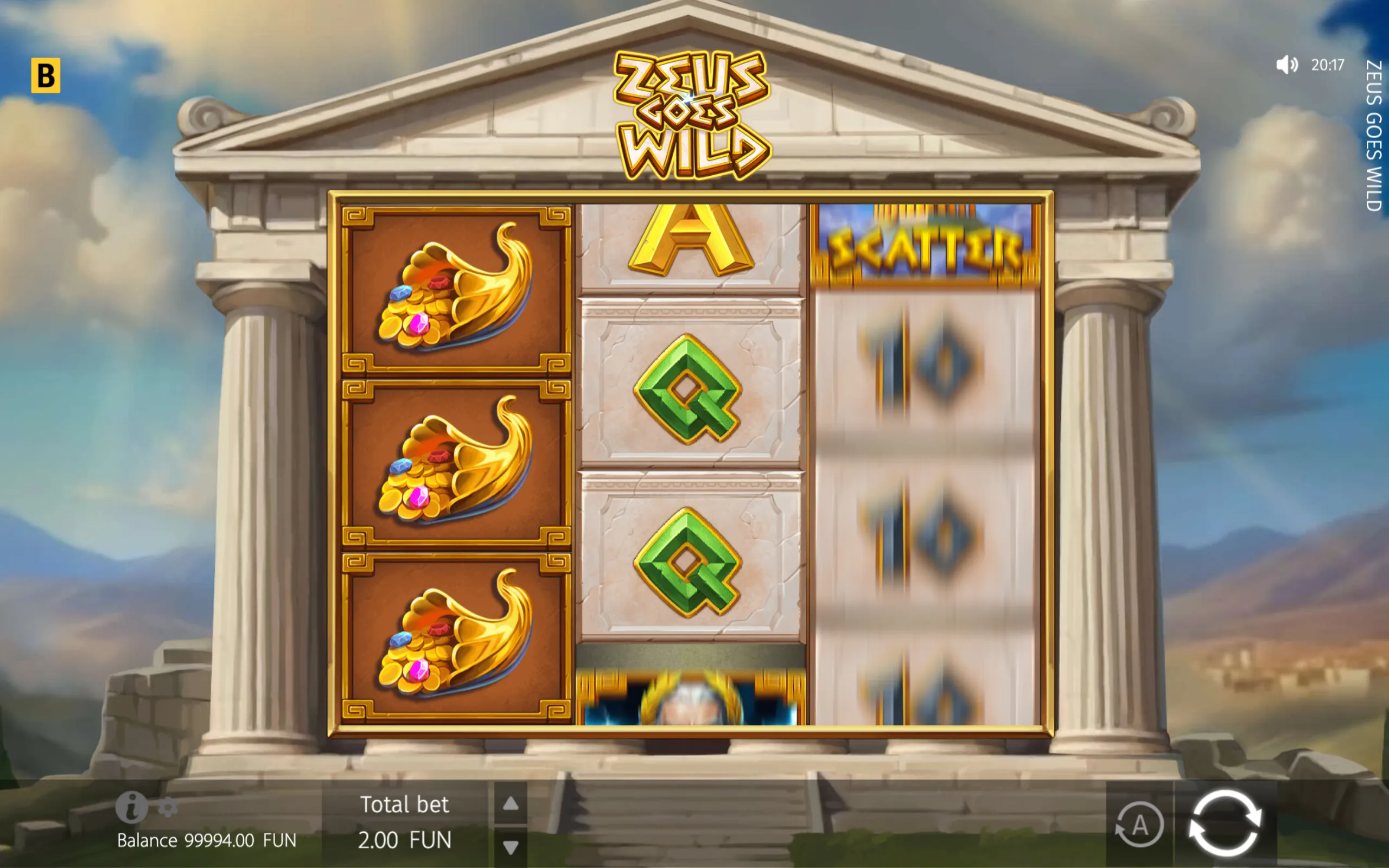 Zeus Goes Wild slot reels display jeweled golden cornucopia symbols, green Greek motifs, a Scatter symbol, and a partially visible Zeus character before a classical temple.