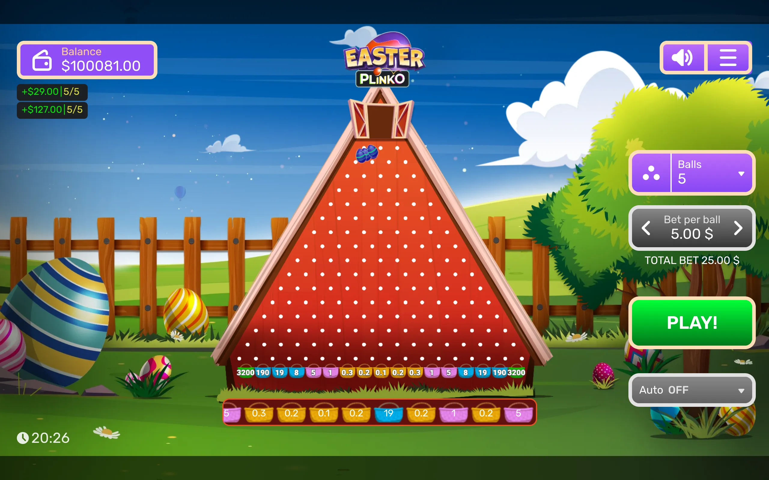 Colorful Easter Plinko game interface with a triangular peg board, striped eggs, Easter branding, green countryside, clouds, and five-ball betting controls.