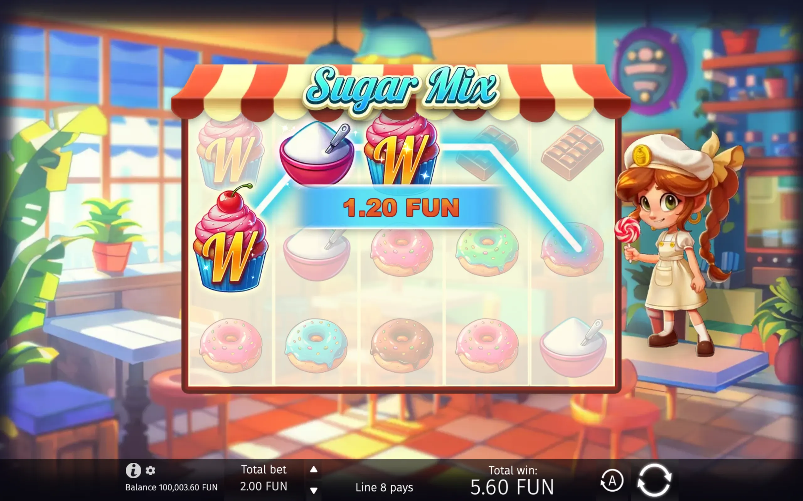 Sugar Mix slot game featuring pastel cupcakes, donuts, chocolate bars, and a smiling candy-shop girl beside a winning reel combination.
