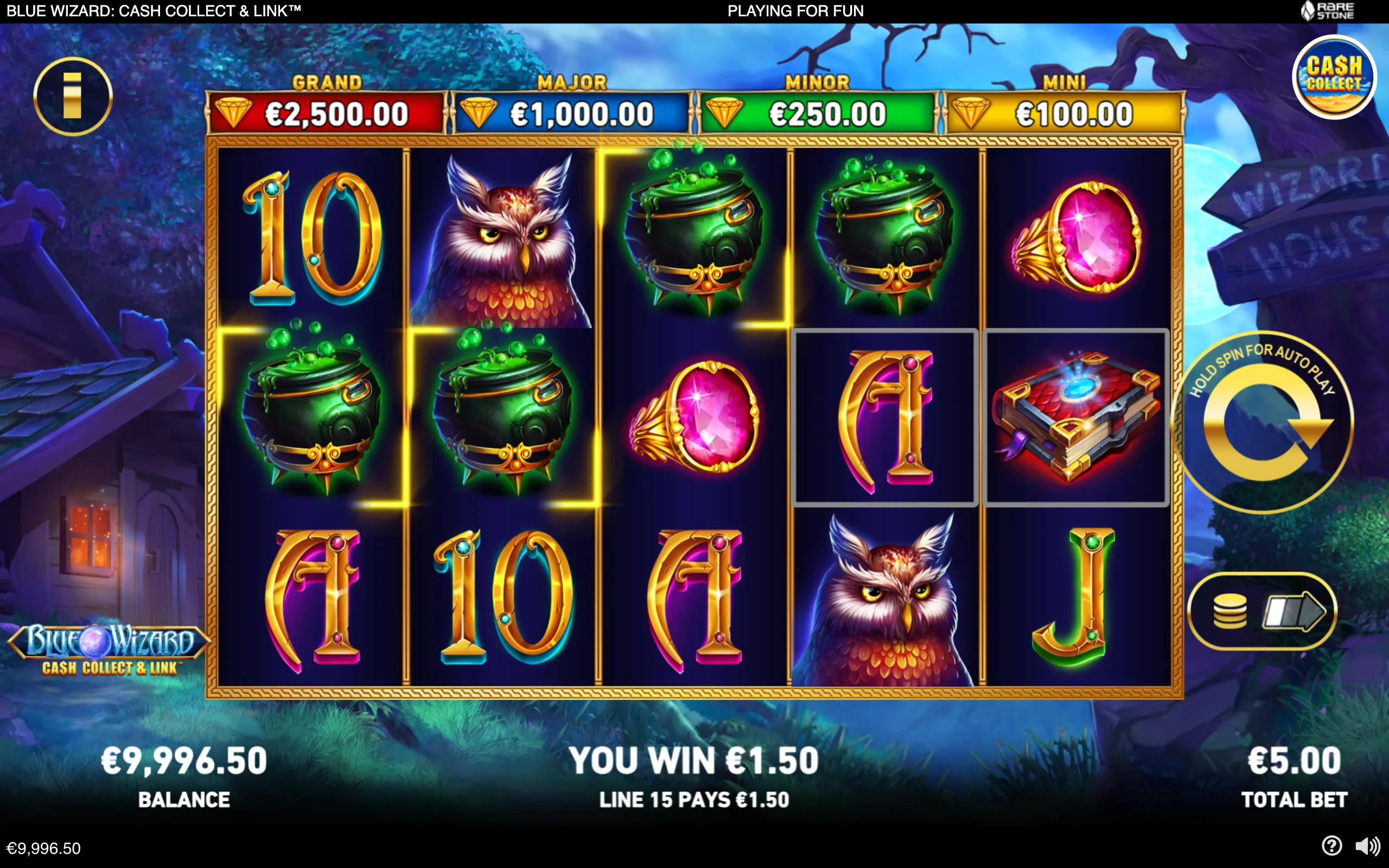 Blue Wizard slot game interface featuring an owl wizard, bubbling green cauldrons, jeweled symbols, magical books, and Grand, Major, Minor, and Mini jackpot amounts.