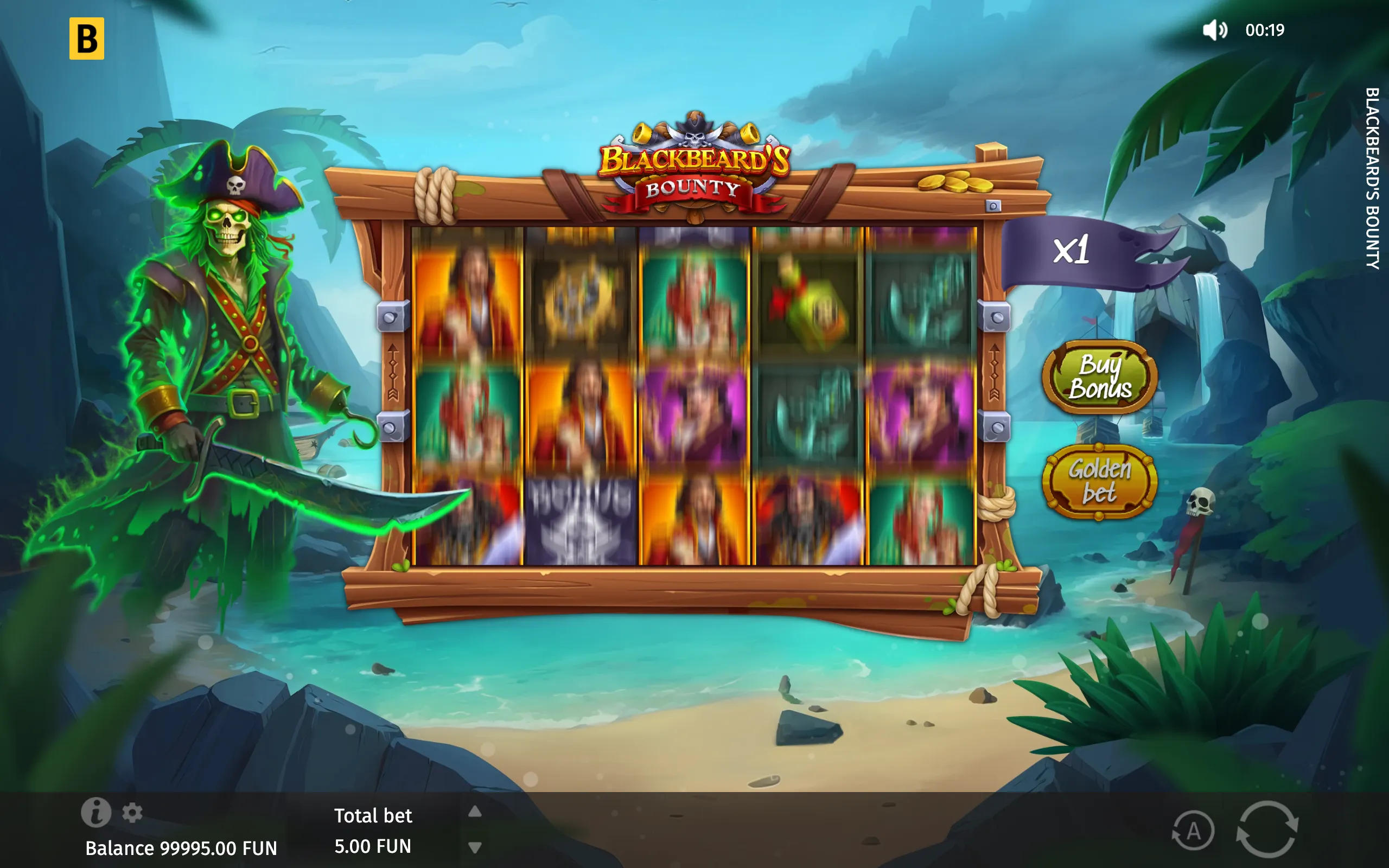 Blackbeard's Bounty slot interface with spinning reels, a glowing skeletal pirate captain, tropical island scenery, treasure coins, and Buy Bonus and Golden bet buttons.
