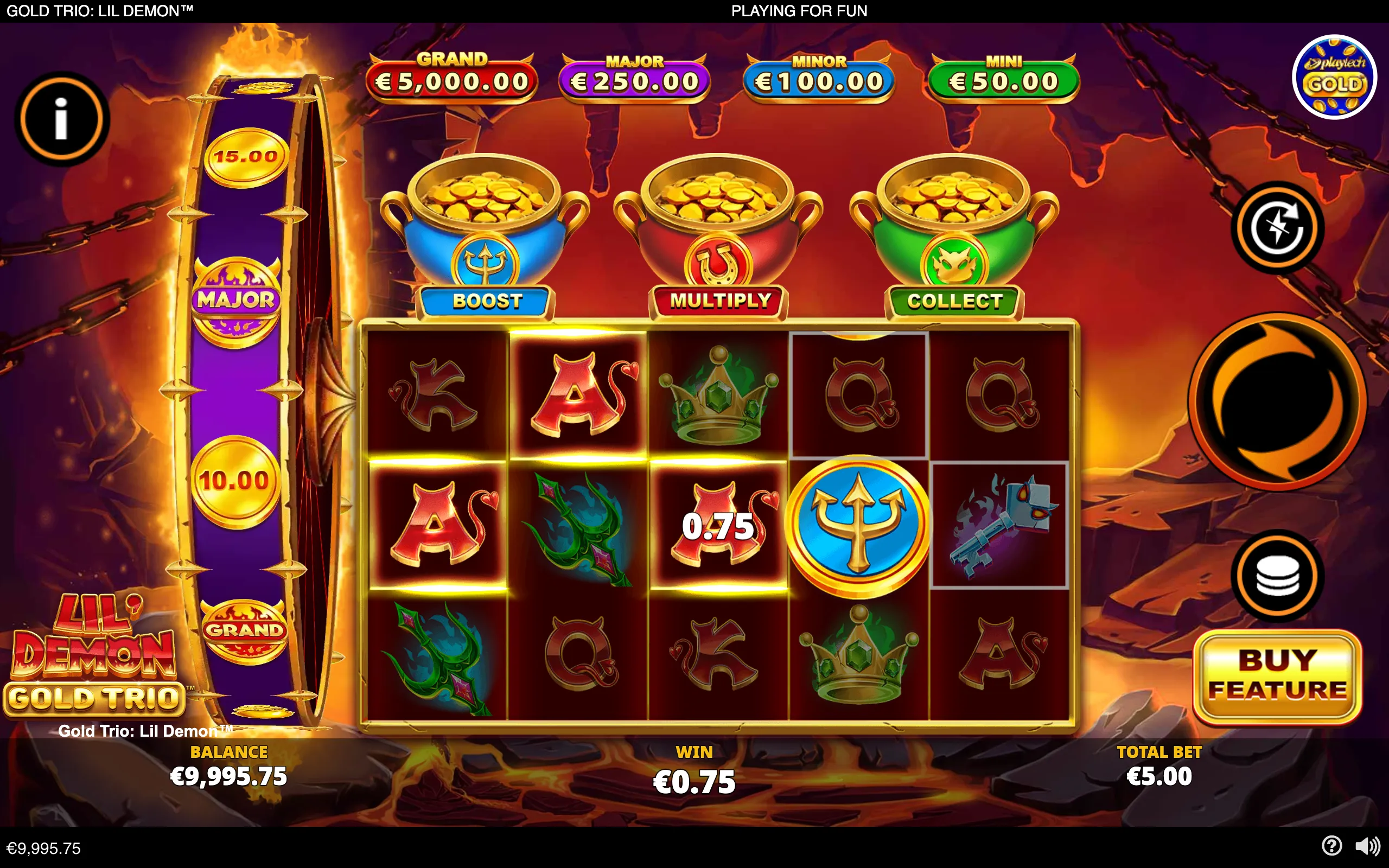 Gold Trio: Lil' Demon slot interface with fiery underworld scenery, a gold-framed reel grid, coin-filled Boost, Multiply and Collect pots, and Grand, Major, Minor and Mini jackpot meters.