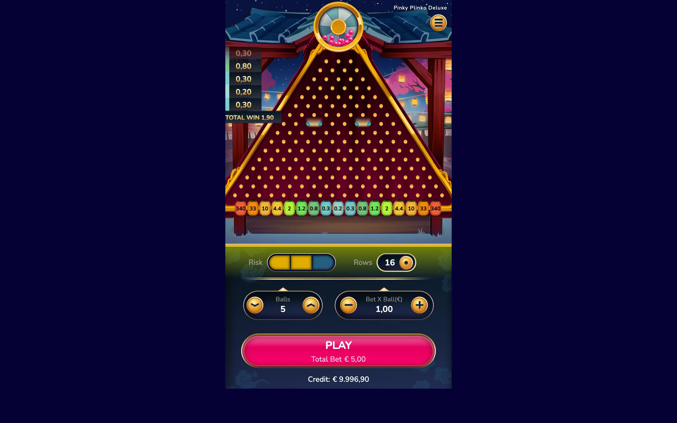 Pinky Plinko Deluxe displays a colorful Plinko board beneath a Japanese-style night setting, with gold pegs, pink balls, payout lanes, risk controls, and a large Play button.