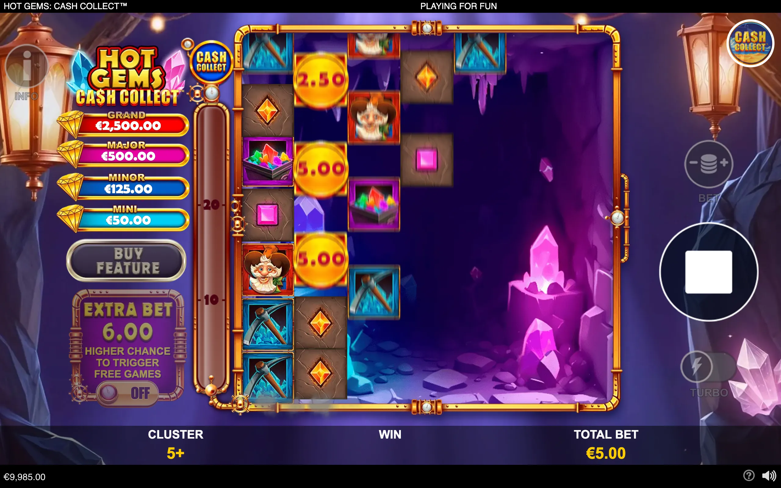Hot Gems Cash Collect slot interface featuring cascading reels, glowing gemstones, cash-value coins, miners, jackpot tiers, and a crystal-filled underground mine.