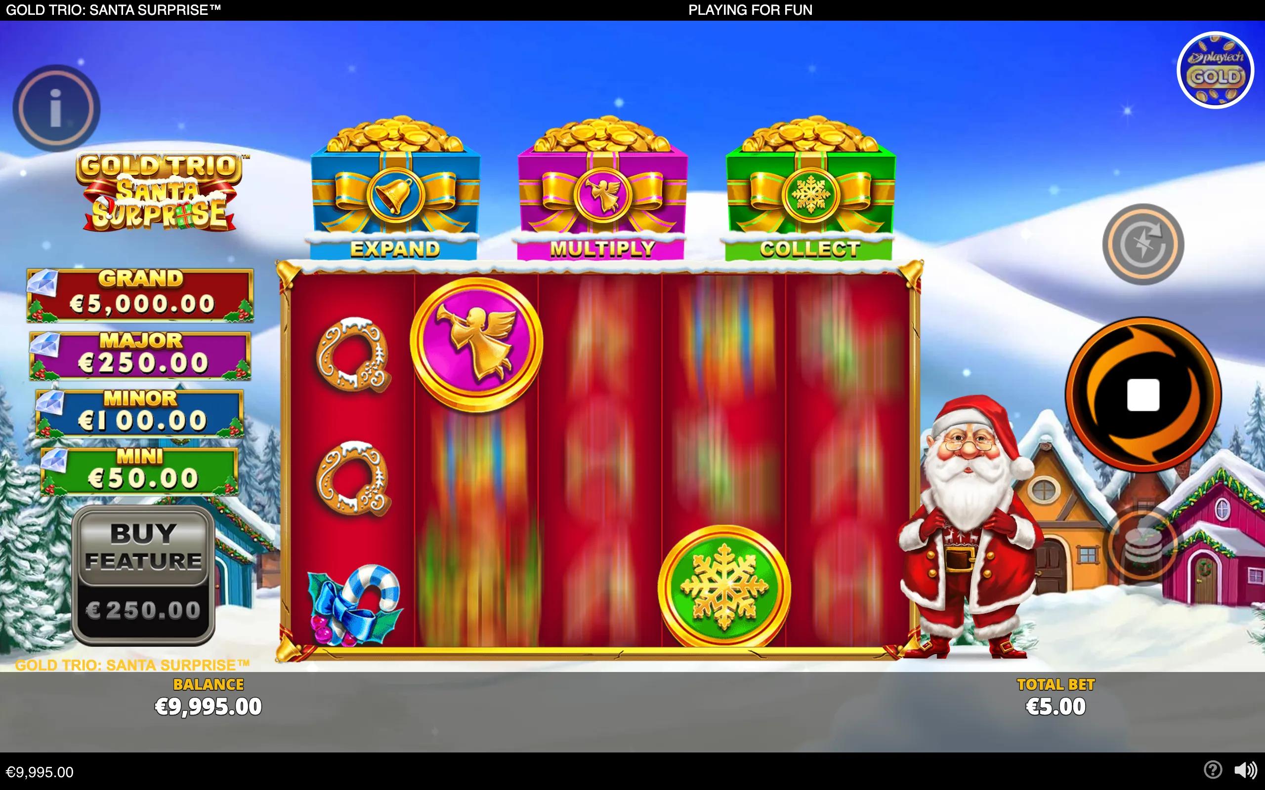 Santa-themed slot interface with snowy village scenery, colorful gift boxes labeled Expand, Multiply and Collect, holiday symbols, jackpot tiers, and a smiling Santa Claus.