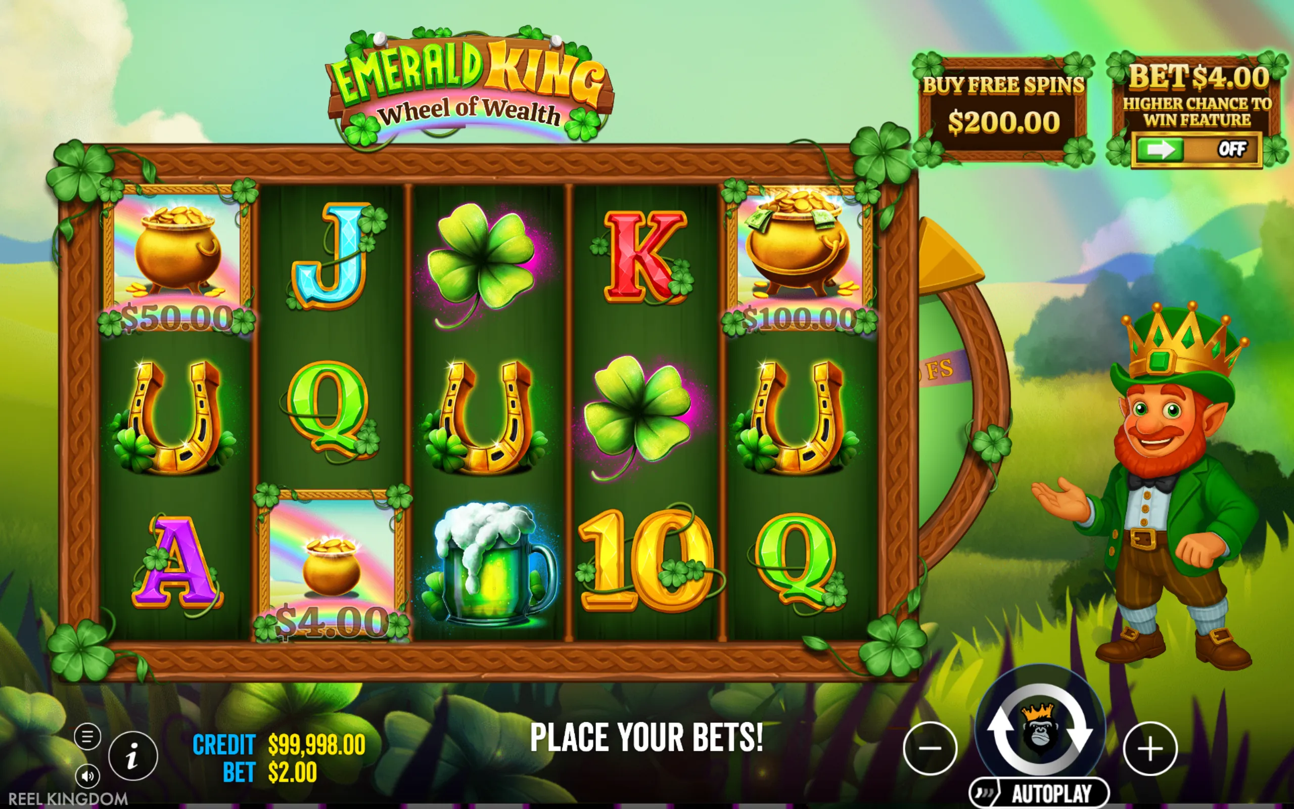 Emerald King - Wheel of Wealth slot game interface featuring colorful reels with symbols like shamrocks, pots of gold, horseshoes, and a cheerful leprechaun character.