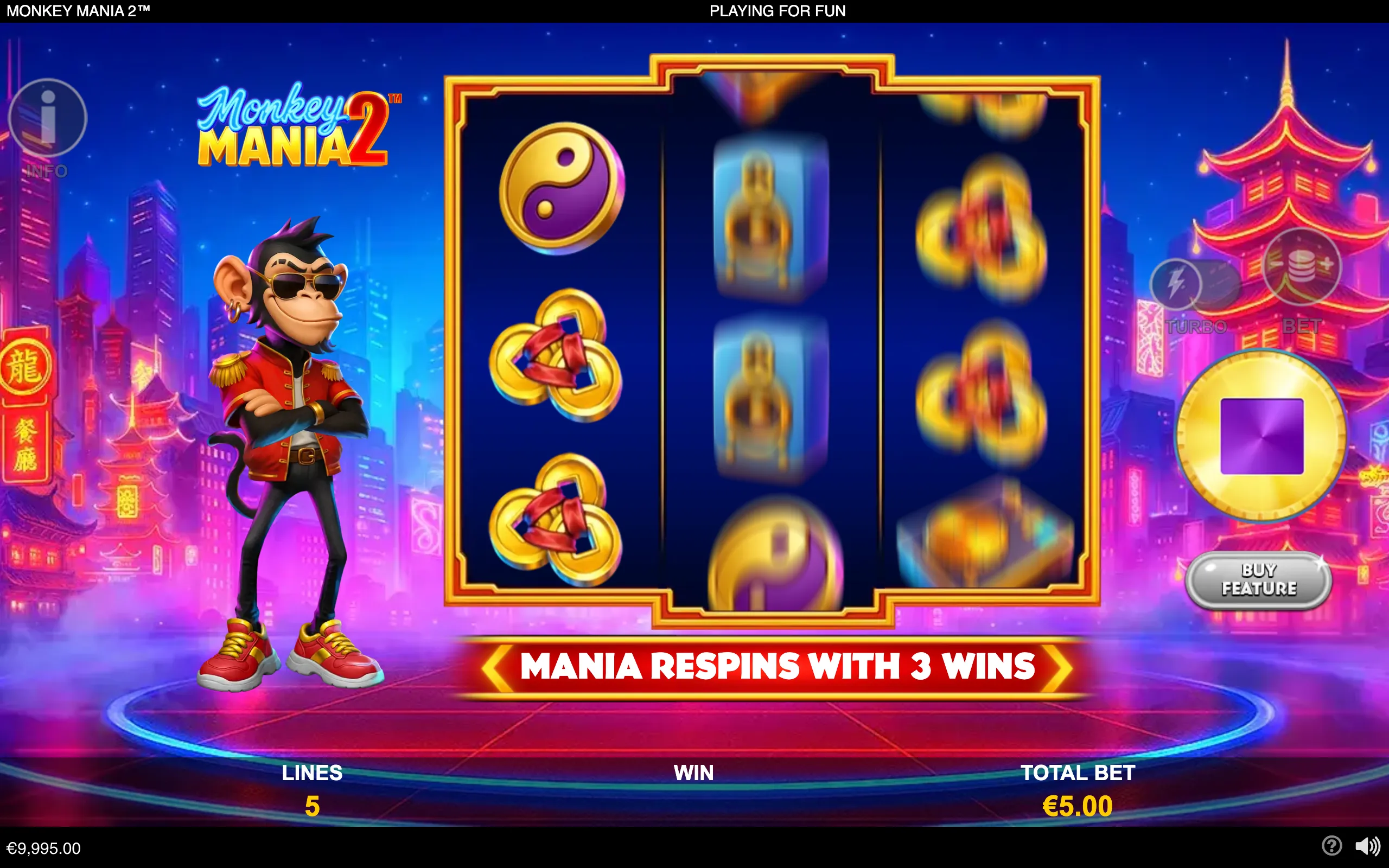 Monkey Mania 2 slot interface with a stylish cartoon monkey, gold reel symbols, a neon Asian city backdrop, and a banner promoting respins with three wins.