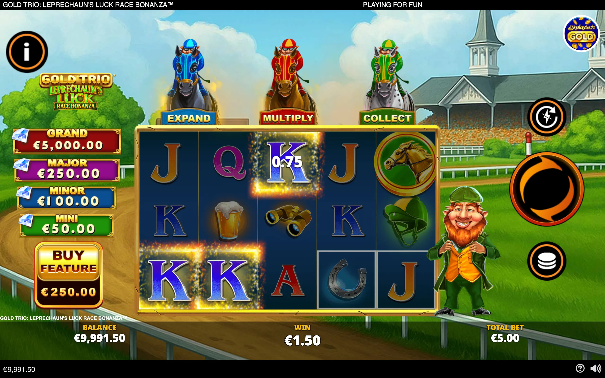 Gold Trio: Leprechaun's Luck Race Bonanza slot interface with three racing leprechauns, horse symbols, jackpot tiers, reels, and an Irish racetrack backdrop.