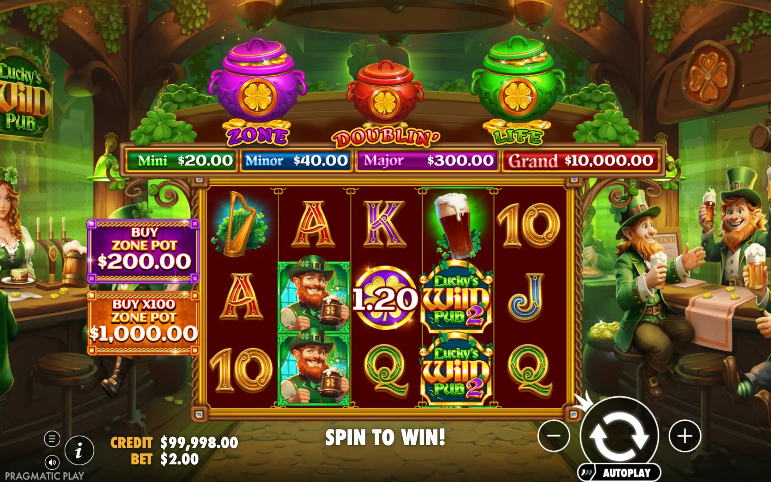 Lucky's Wild Pub 2 slot game interface featuring colorful pots representing jackpot tiers, leprechaun characters, and traditional Irish symbols like harps and clovers in a lively pub setting.