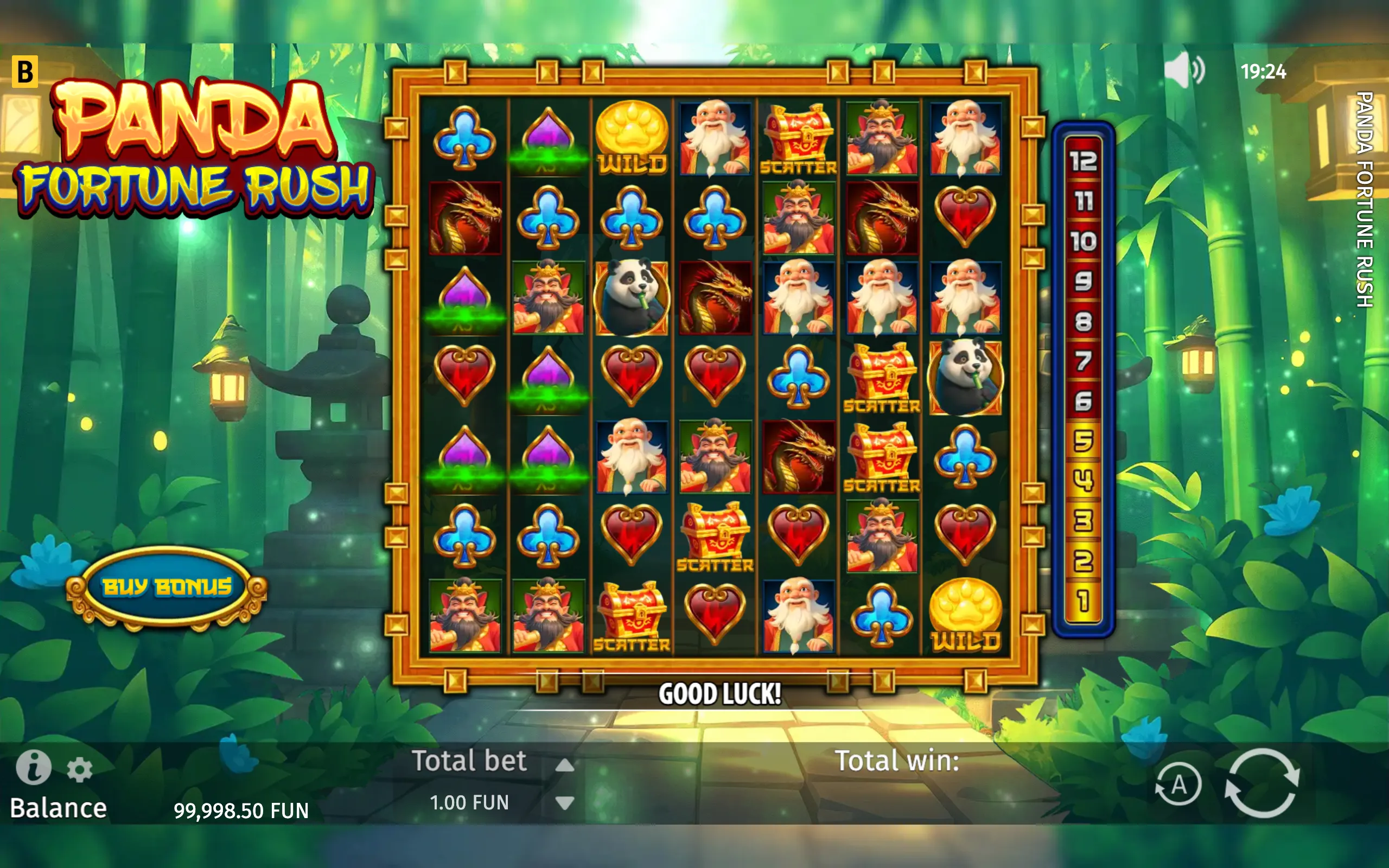 Panda Fortune Rush slot reels filled with pandas, dragons, Chinese gods, treasure chests, card suits, WILD paw symbols, and SCATTER chests, set in a glowing bamboo forest.