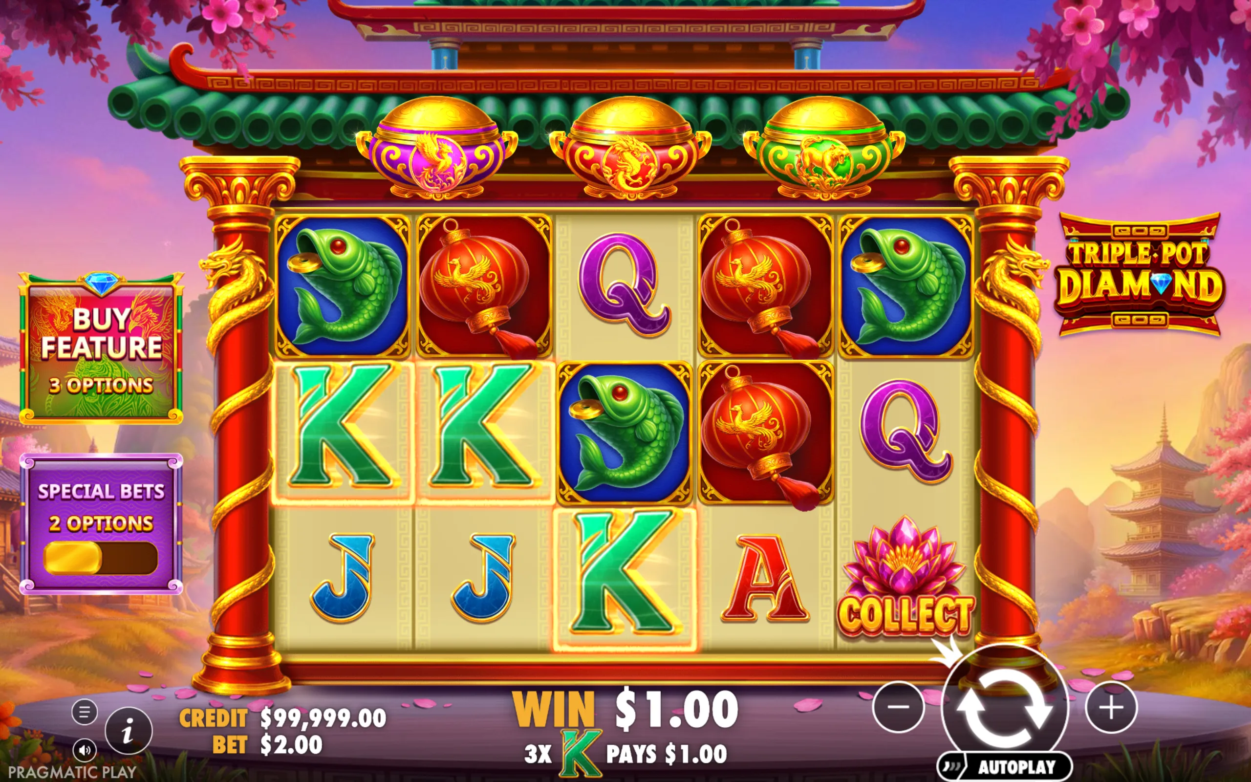 Slot game interface featuring Asian-themed symbols such as golden pots, fish, lanterns, and traditional letters with a backdrop of cherry blossoms and pagodas.