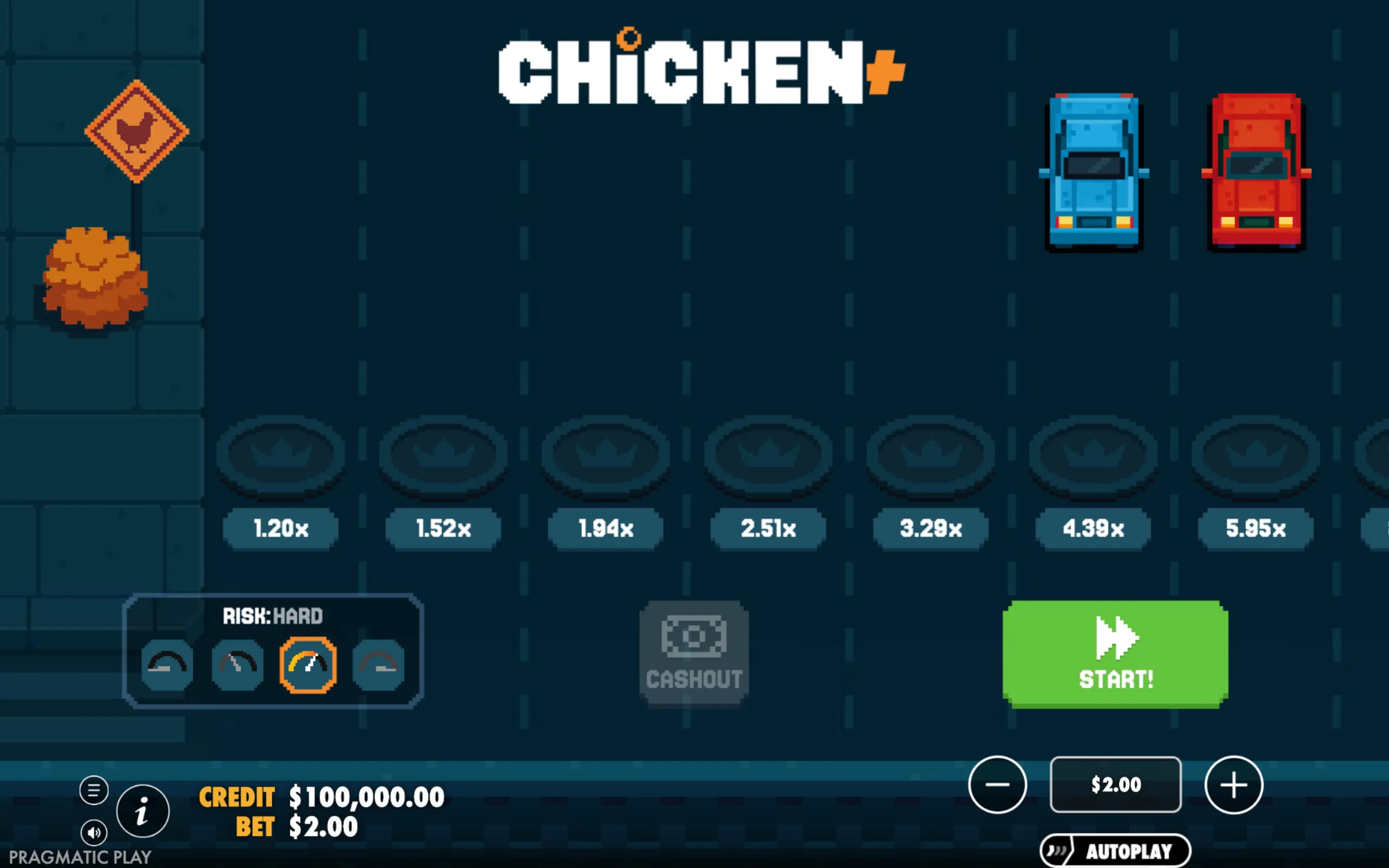 Pixel art style slot game interface featuring a road with two cars, a chicken crossing sign, and multiplier values indicating potential rewards.