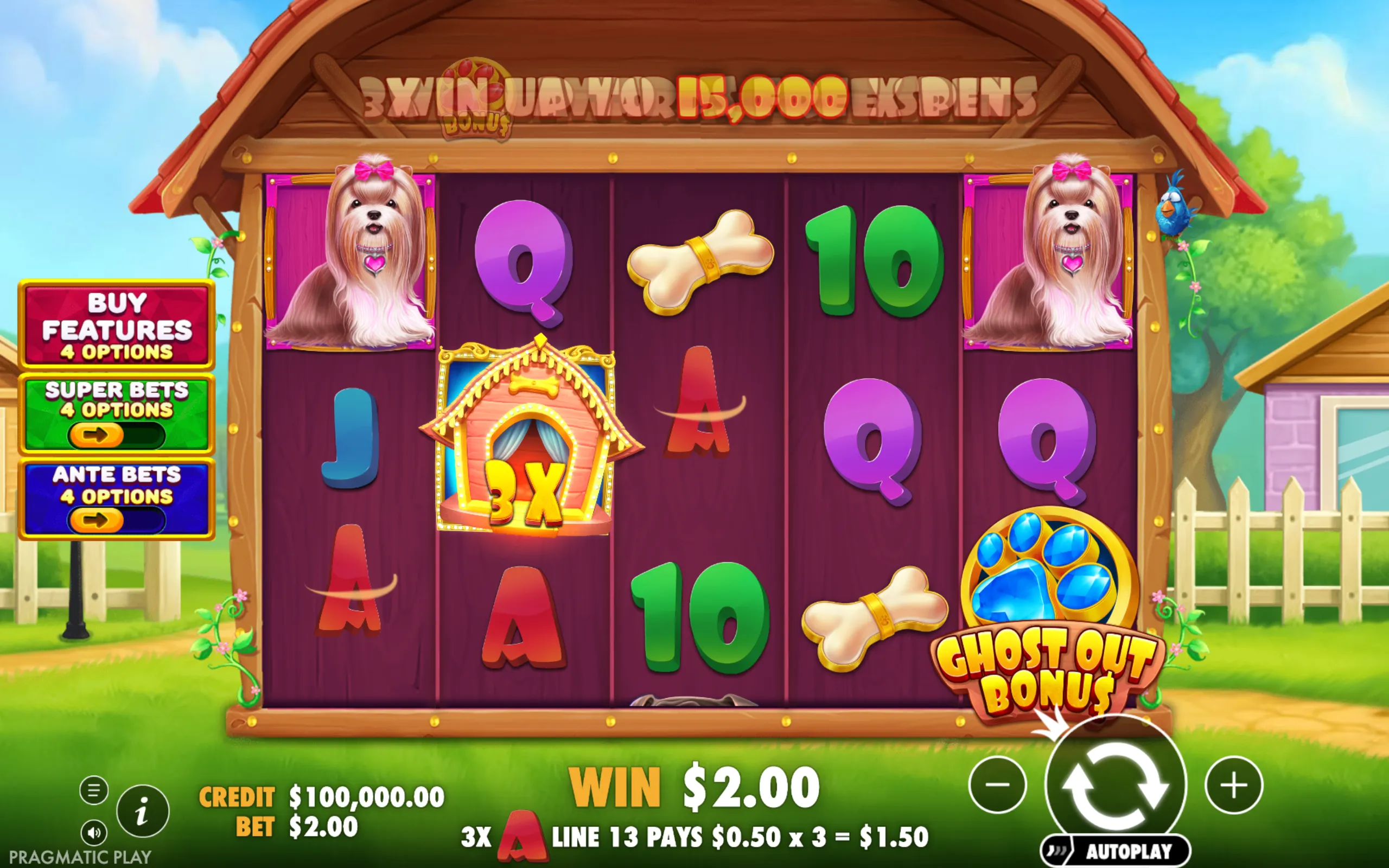 Colorful slot game interface with dog-themed symbols including a cute dog, dog bone, and doghouse, set against a bright outdoor backdrop with bonus feature options.