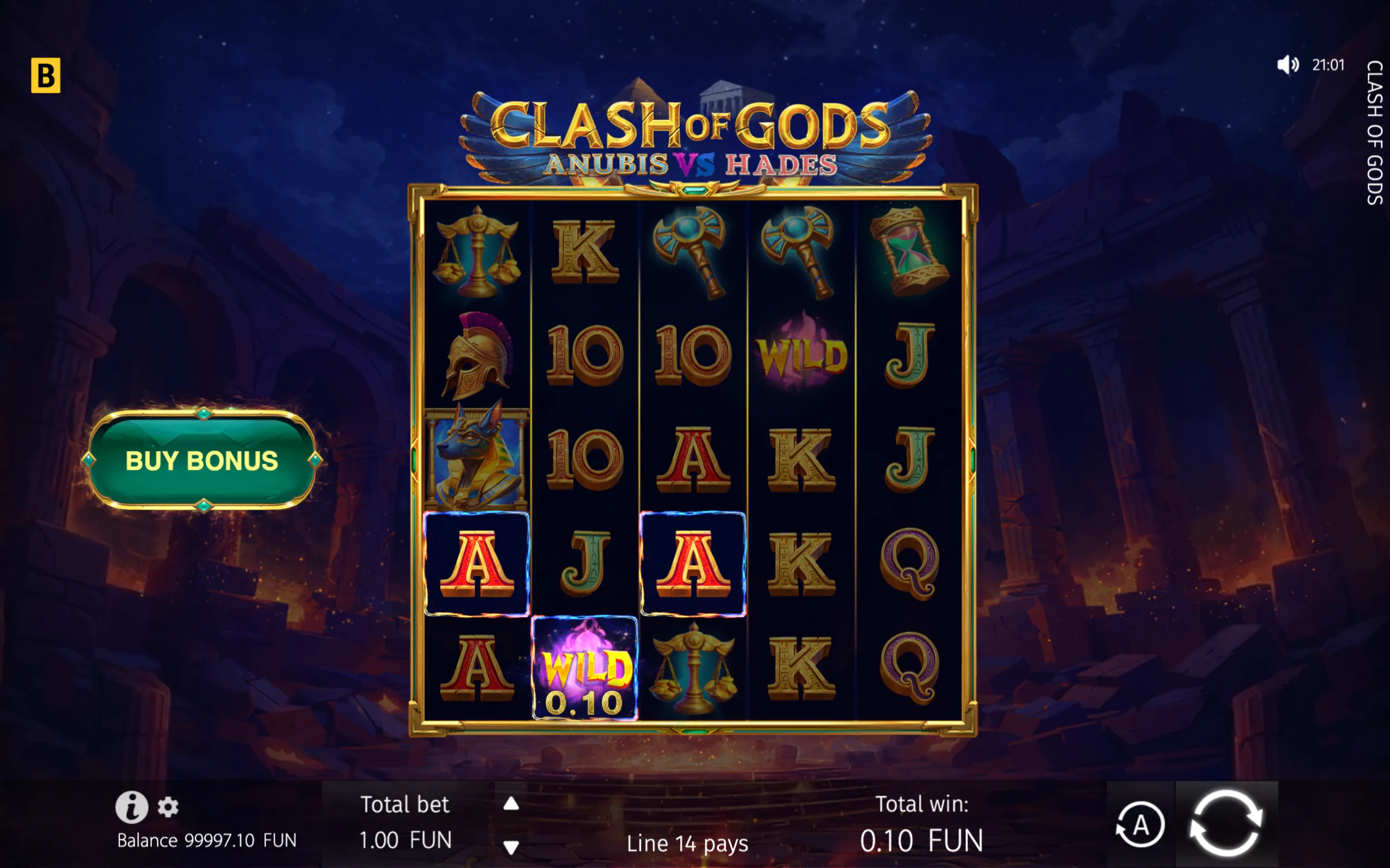 Clash of Gods: Anubis vs Hades slot interface with Egyptian and Greek mythology symbols, glowing WILD tiles, highlighted paylines, and a Buy Bonus button in an underworld temple setting.