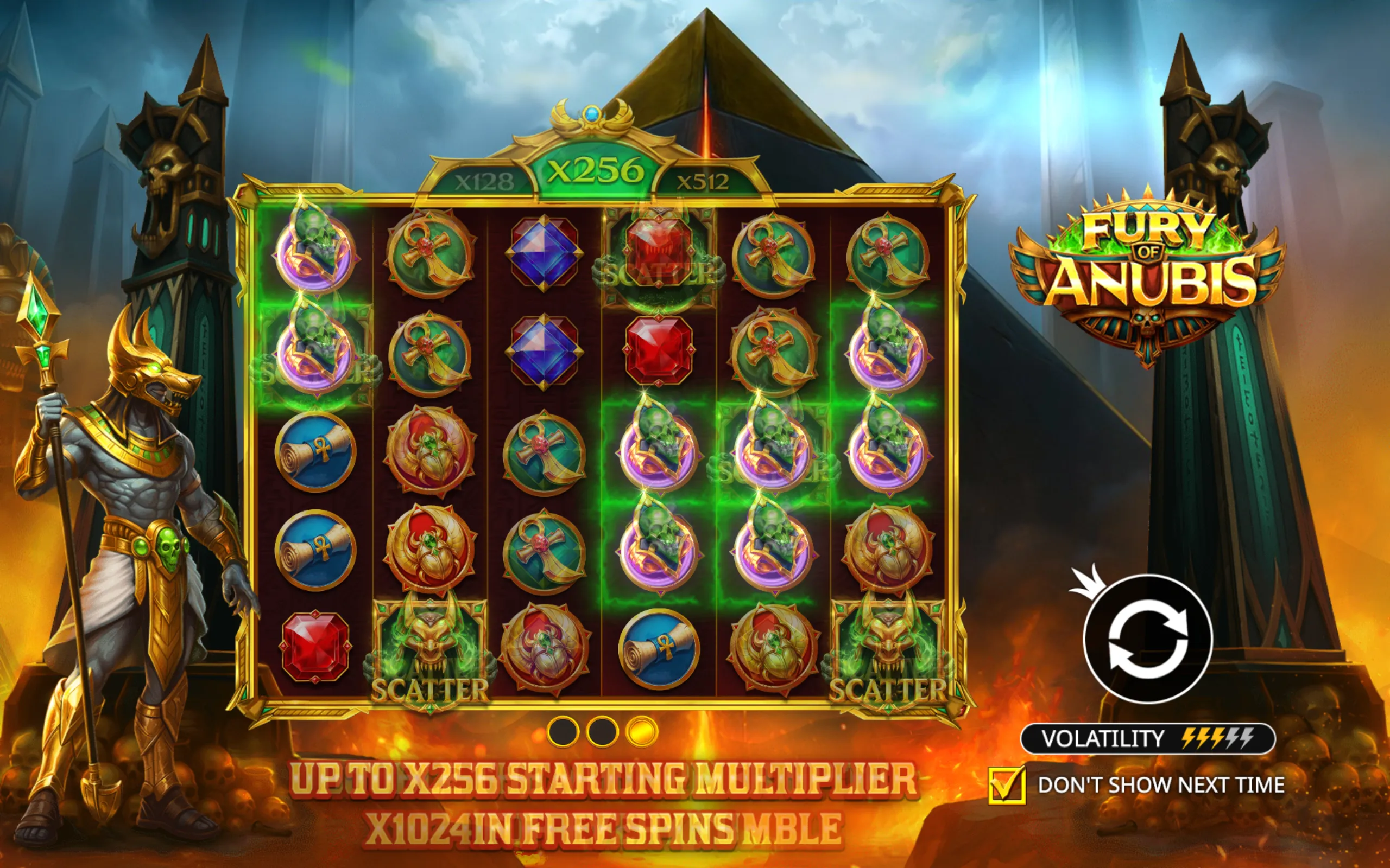 Fury of Anubis slot game featuring an Anubis warrior, mystical symbols, and a pyramid backdrop with multipliers and scatter symbols highlighted.