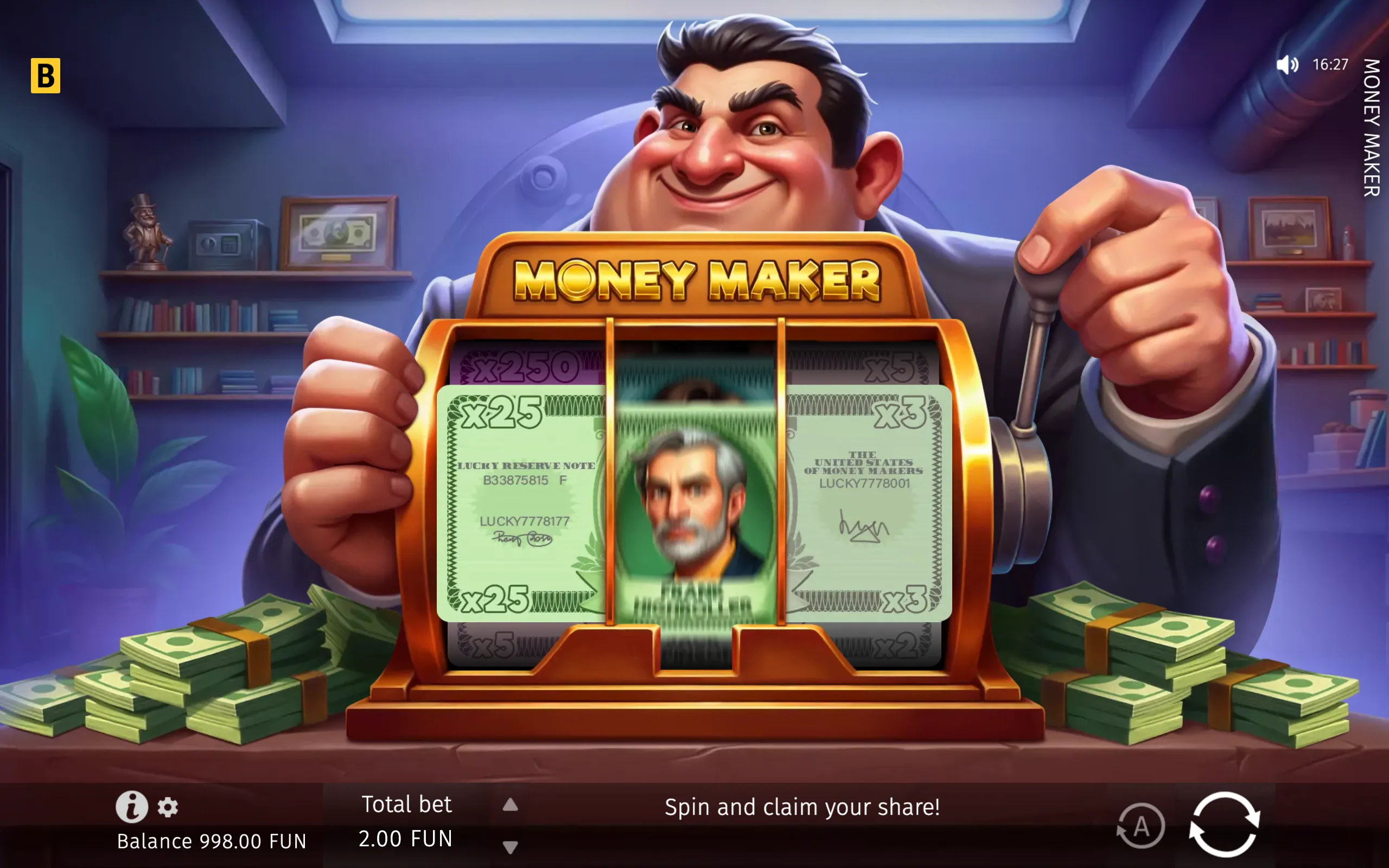 Money Maker slot artwork featuring a smiling businessman behind a golden money machine, cash stacks, banknote reels, and visible multiplier symbols.