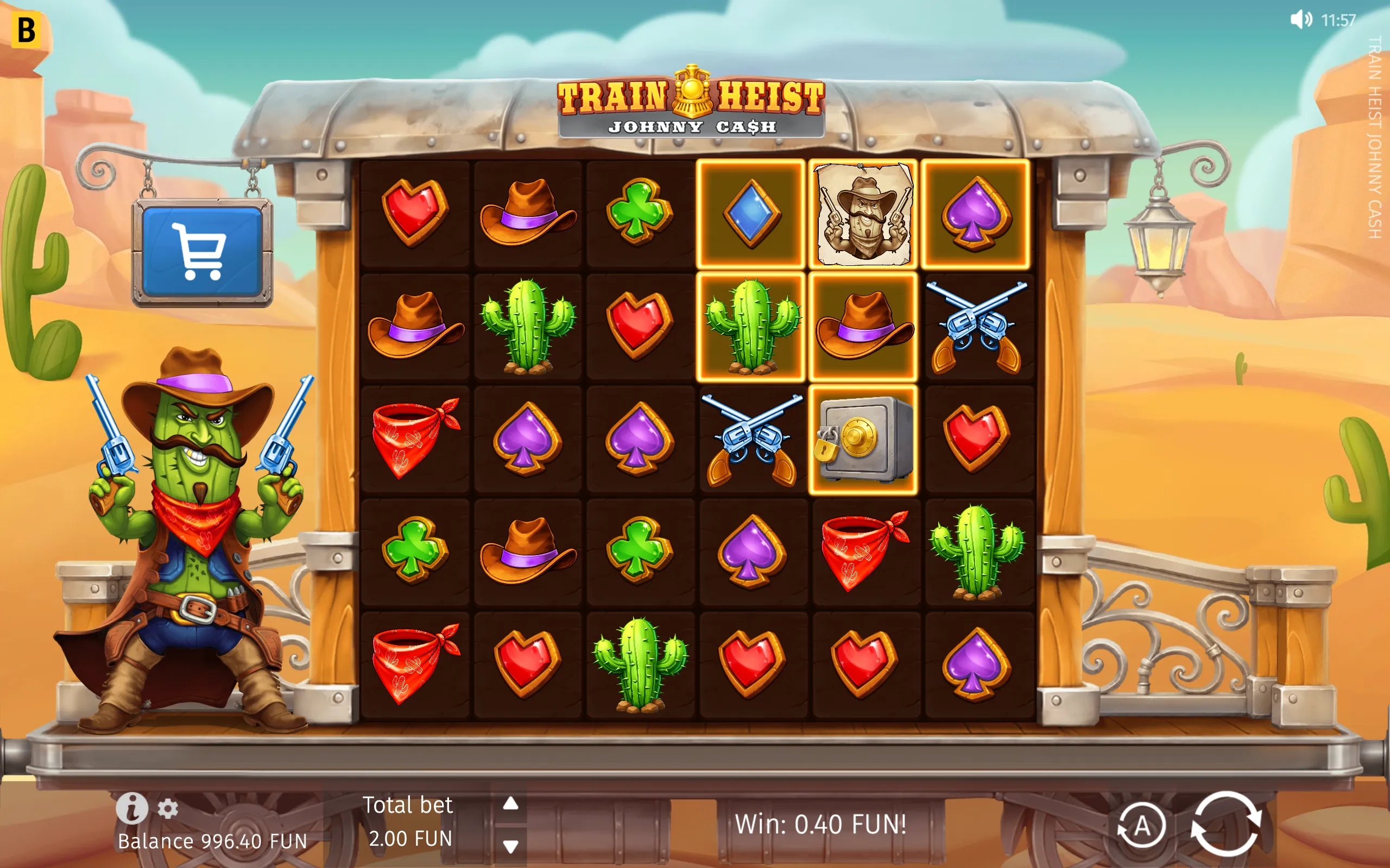 Train Heist Johnny Cash slot interface with a cactus gunslinger, train-car reels, cowboy hats, playing-card symbols, safes and a desert canyon backdrop.