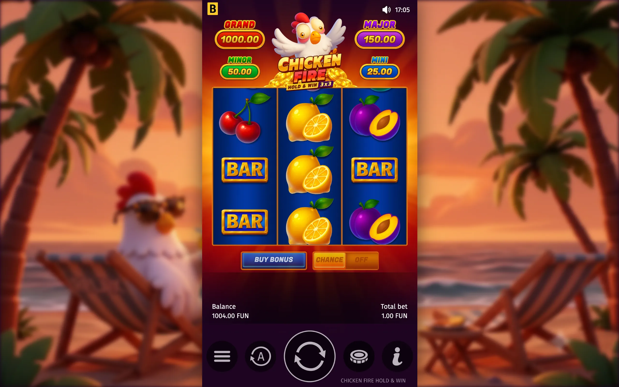 Chicken Fire slot interface with a cartoon chicken, sunset beach backdrop, 3x3 fruit and BAR reels, and Grand, Major, Minor, and Mini jackpot values.
