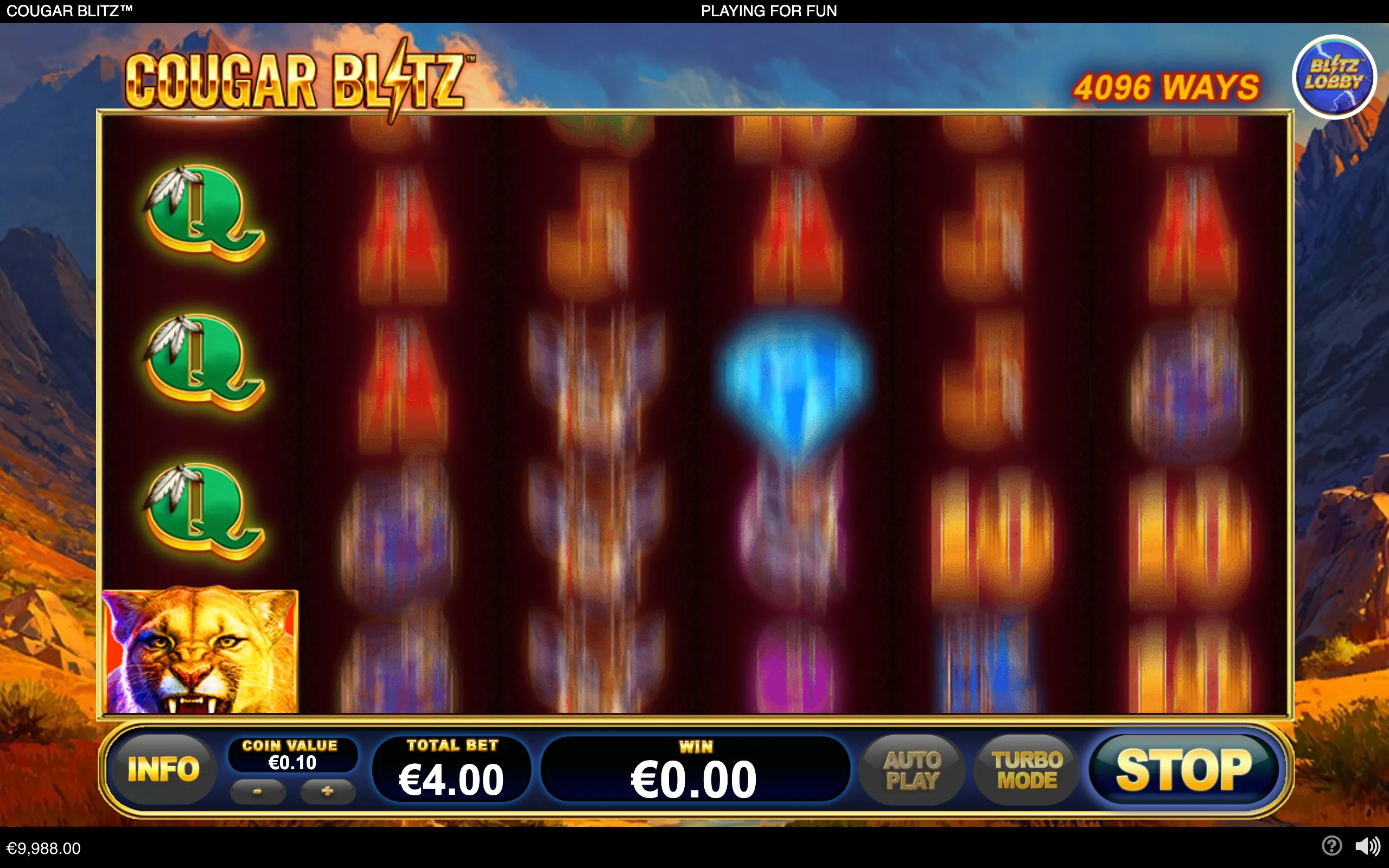 Cougar Blitz slot interface with blurred spinning reels, cougar artwork, green Q symbols, a 4,096 ways label, and a rugged mountain backdrop.