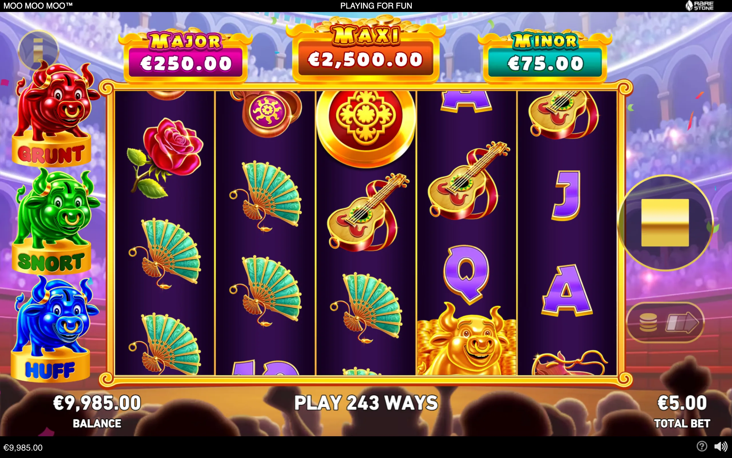 Moo Moo Moo slot game with colorful bull characters, Chinese-inspired reel symbols, jackpot meters, and a 243-ways layout.