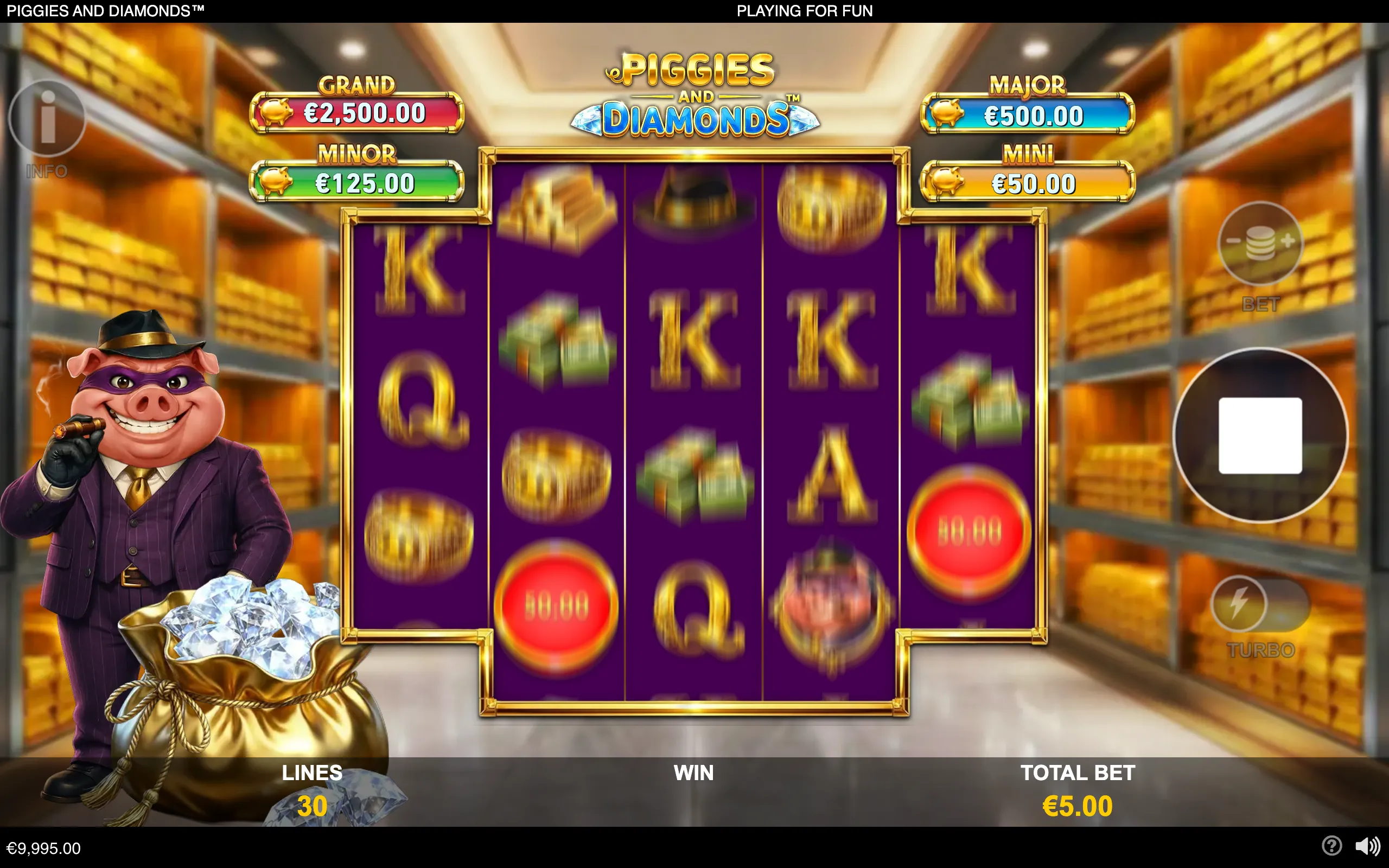 Pig-themed slot machine interface with a masked pig in a purple suit, diamond-filled money bag, spinning reels, cash-value orbs, and Mini to Grand jackpot meters.