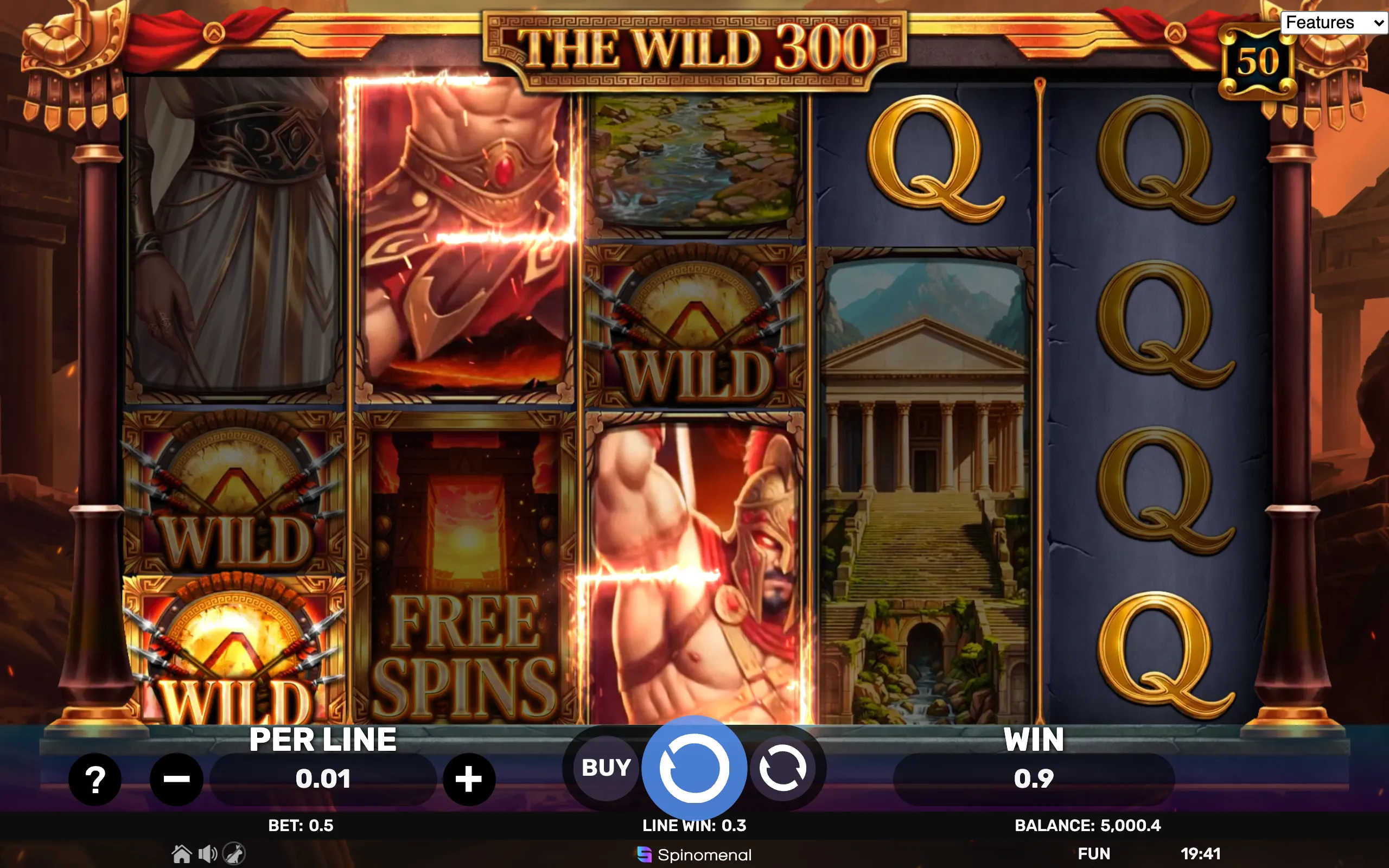 The Wild 300 slot game features gladiators, Roman temples, mountain landscapes, Wild and Free Spins symbols, and gold Greek-key detailing.