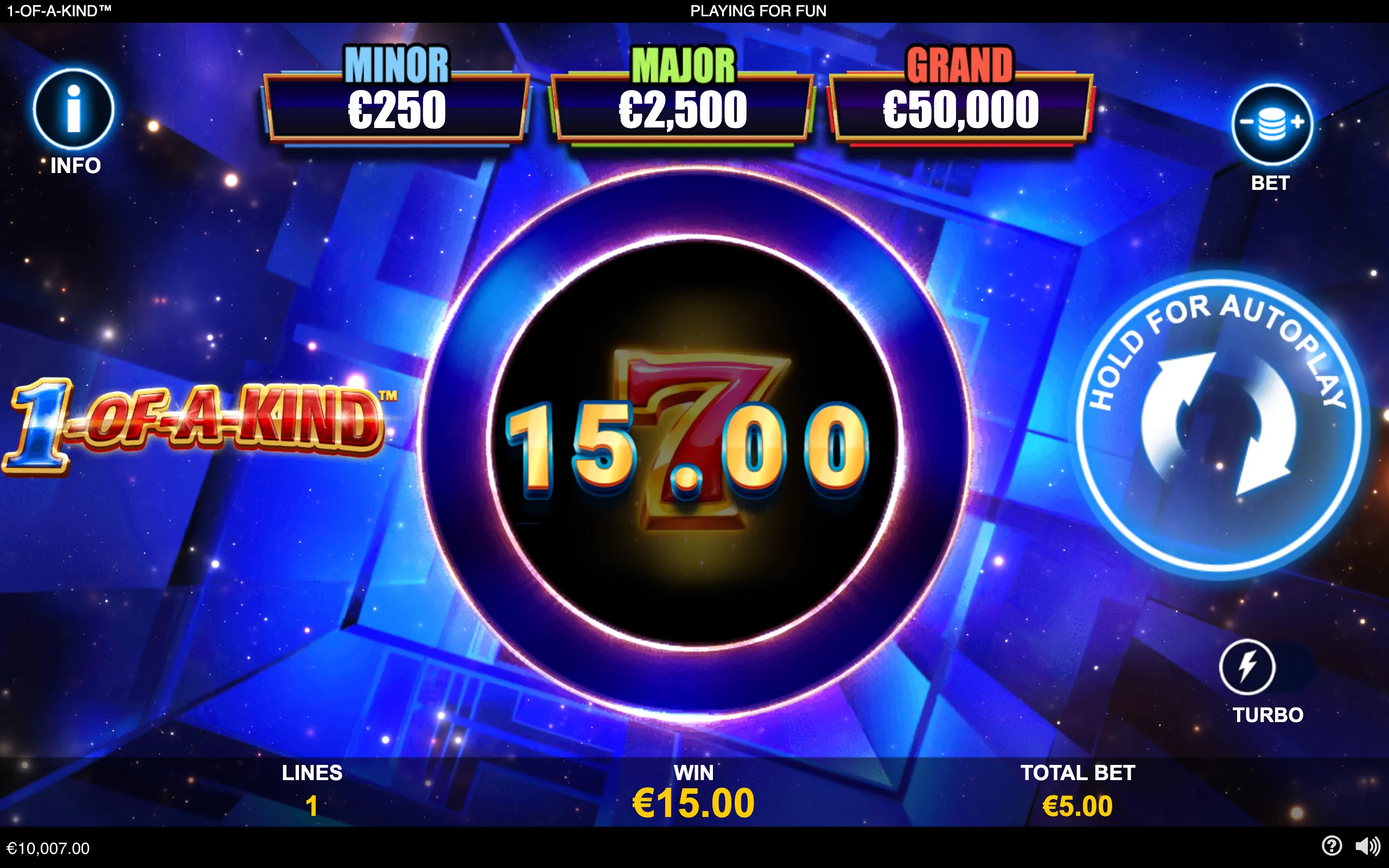 1-Of-A-Kind slot interface with a central €15.00 win display, Minor €250, Major €2,500 and Grand €50,000 jackpot tiers, and a blue starry geometric backdrop.