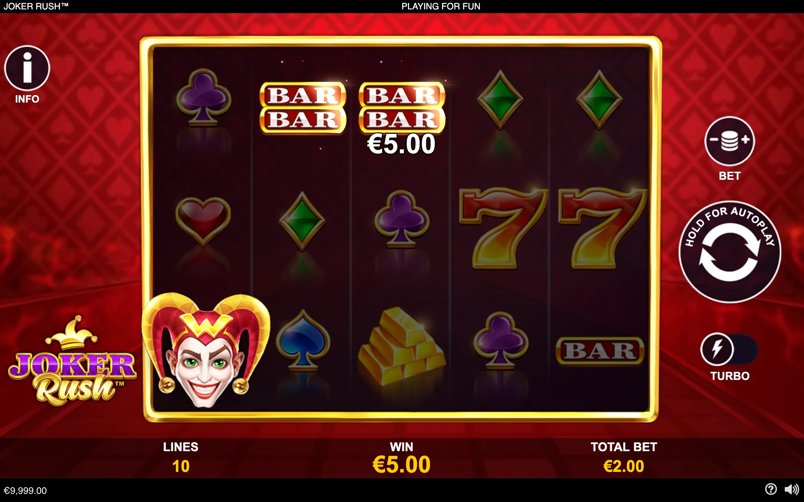 Joker Rush slot interface with a grinning jester, stacked BAR symbols, sevens, card suits, gold bars, and a €5.00 win against a red casino backdrop.