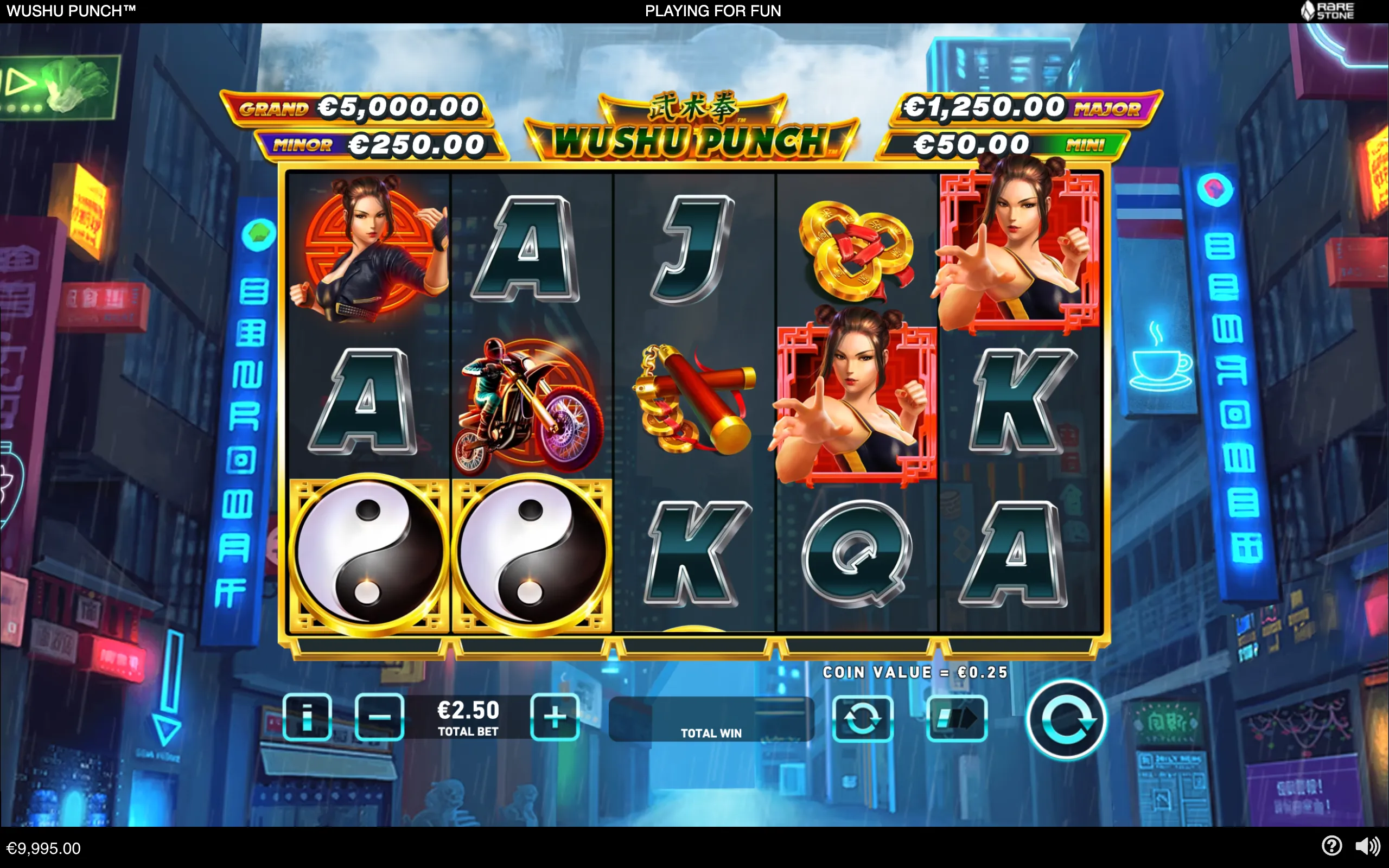 Wushu Punch slot interface with martial-artist characters, yin-yang symbols, card icons, nunchaku, a motorcycle, and jackpot values against a neon-lit city backdrop.