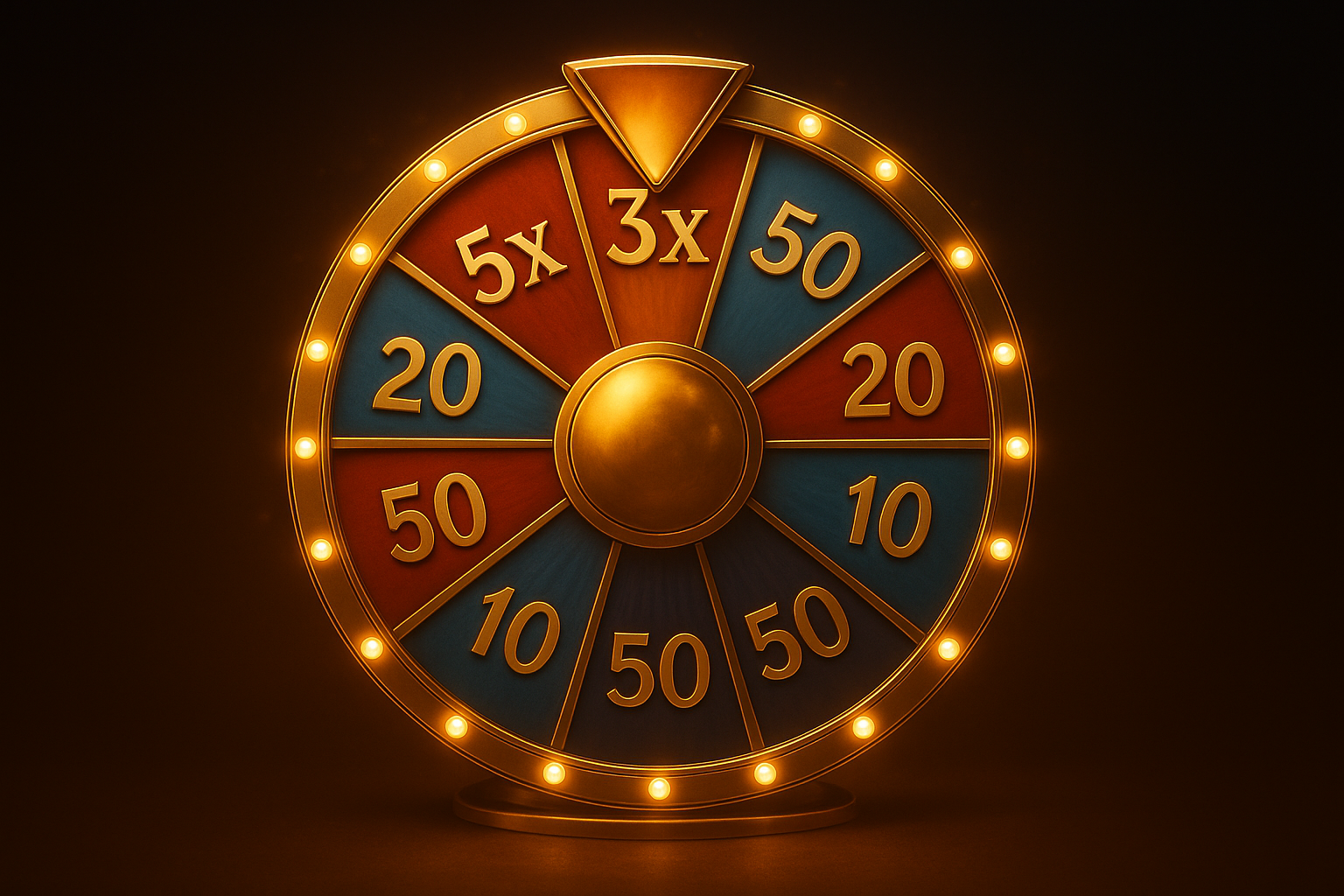 A golden bonus wheel with illuminated segments displaying values like 5x, 3x, 50, 20, and 10.