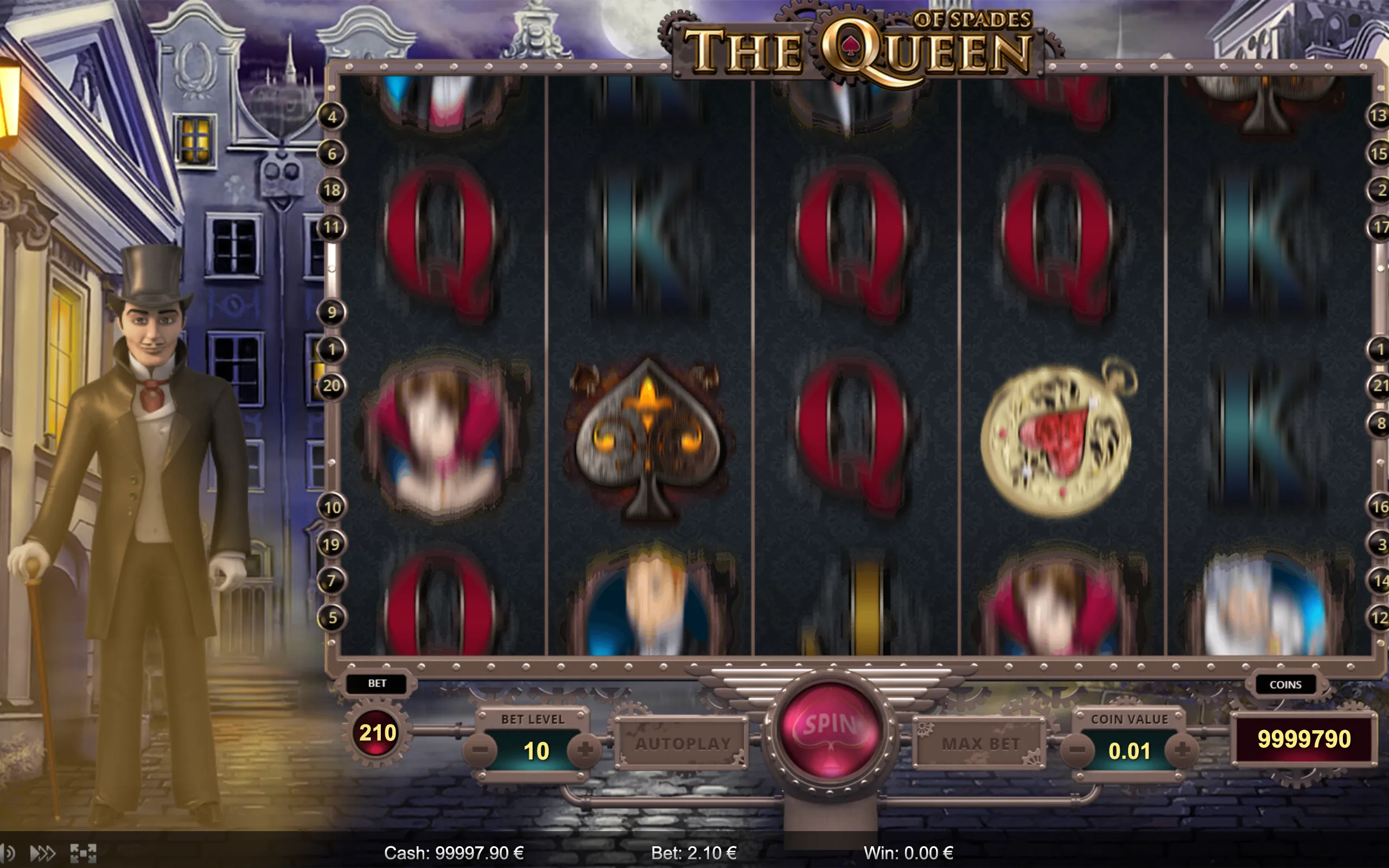 A Victorian-era street scene with a well-dressed man in a top hat beside a slot machine featuring symbols like the Queen, spades, and pocket watches under a moonlit sky.
