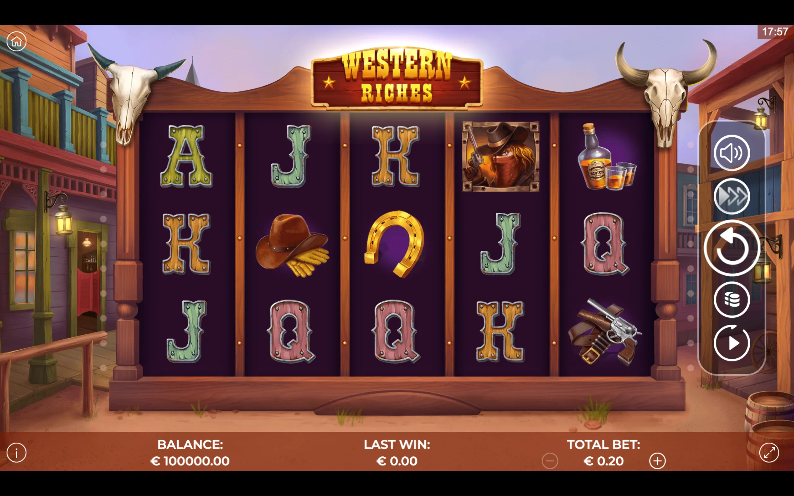 Western Riches slot game with Wild West symbols including cowboy hats, revolvers, horseshoes, and a bandit character, set against a wooden saloon backdrop.