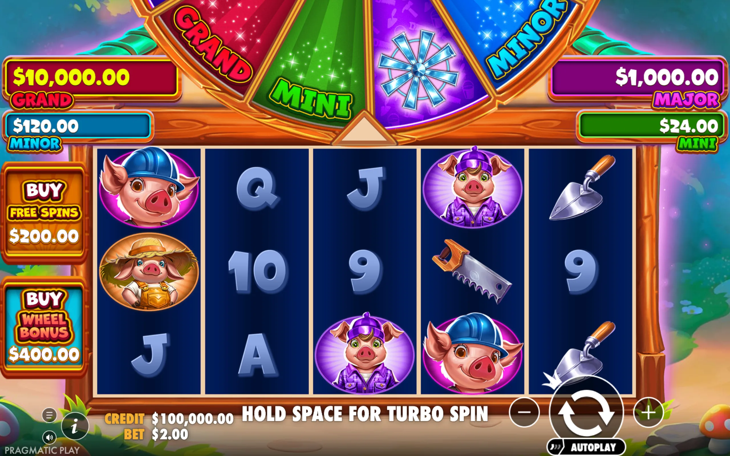 Colorful slot game interface featuring cartoon pig characters in construction gear, farm tools, and a jackpot wheel with four prize tiers.
