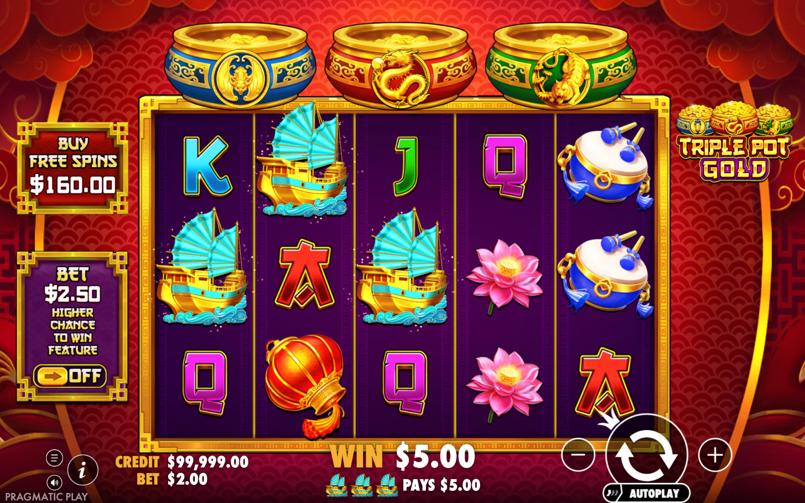 Triple Pot Gold slot game interface featuring ornate gold pots, traditional Asian symbols, and vibrant colors on a red patterned backdrop