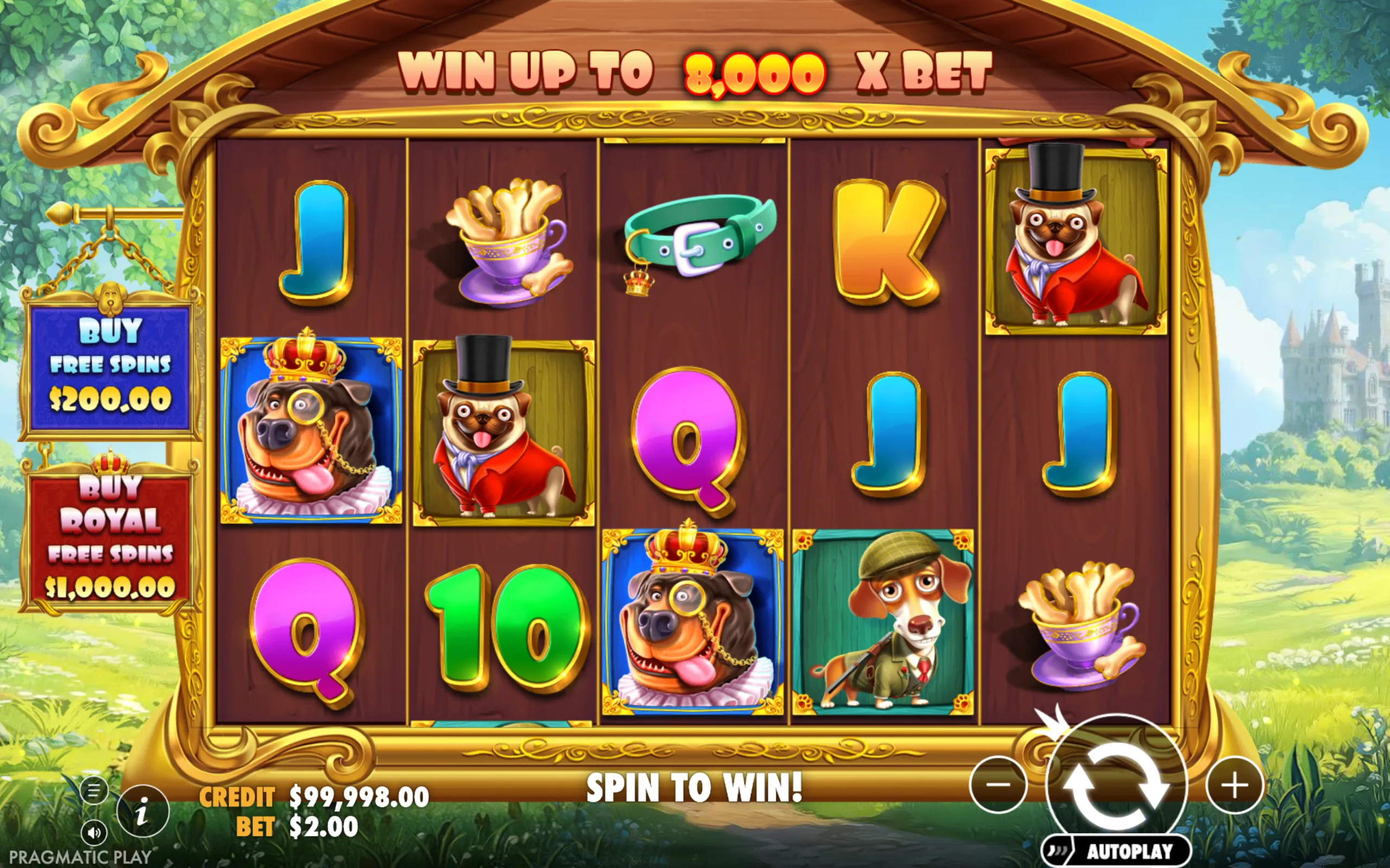 Colorful slot reels featuring cartoon dogs dressed in royal attire, dog-related symbols, and vibrant playing card icons with a backdrop of a castle and lush greenery.